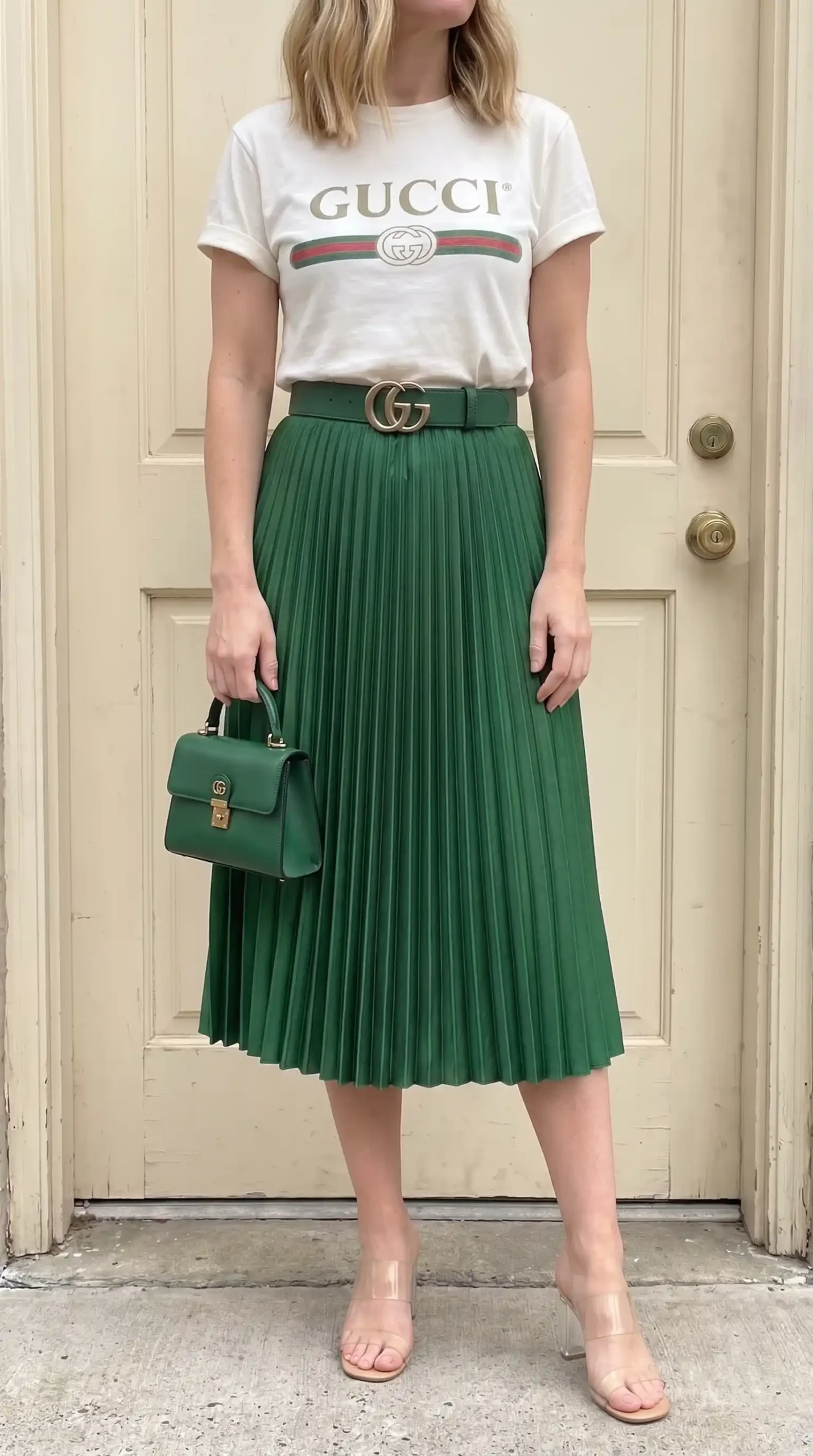 Woman in white graphic tee with green pleated midi skirt and clear heeled sandals in front of doorway