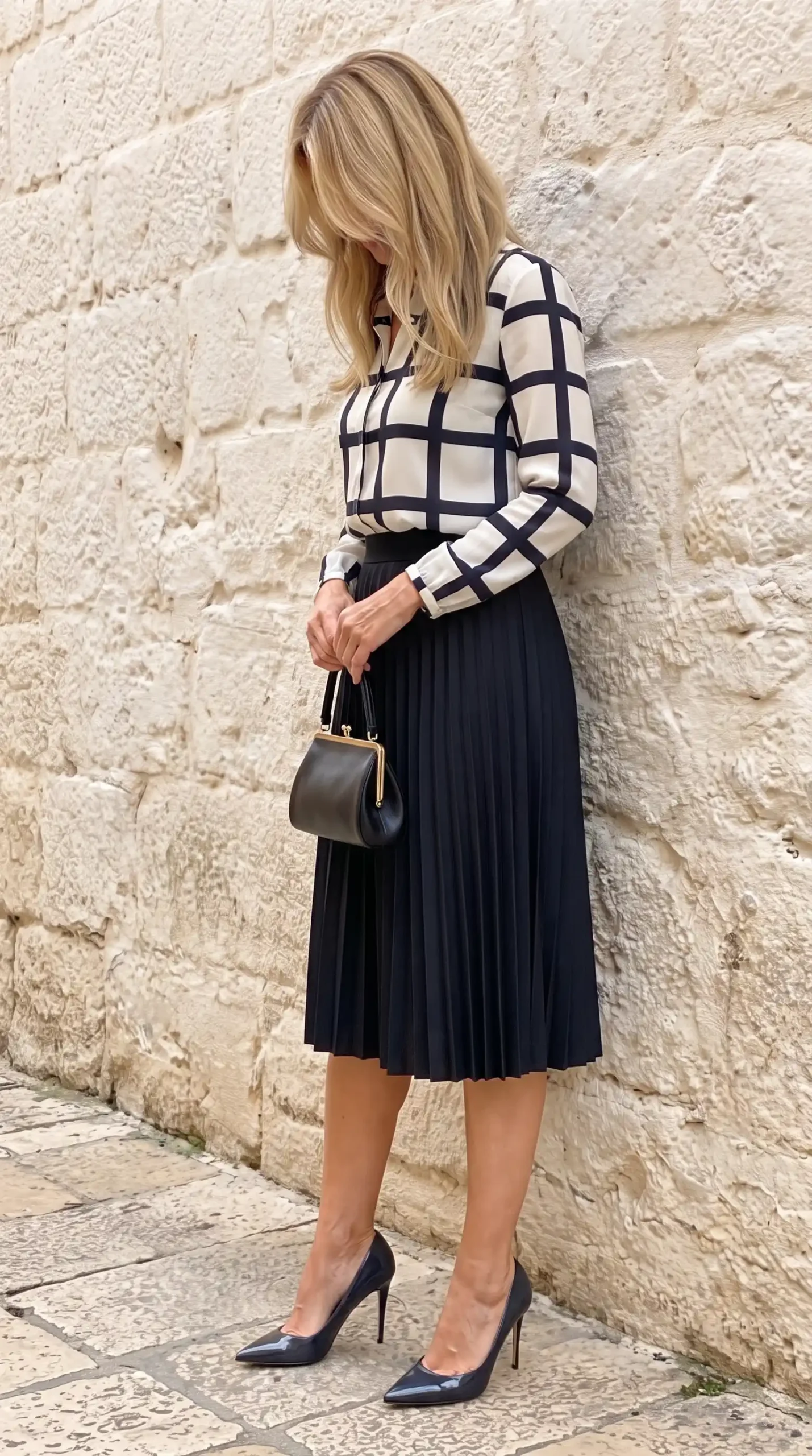Woman in cream black grid print blouse with black pleated midi skirt and navy pumps on cobblestone street