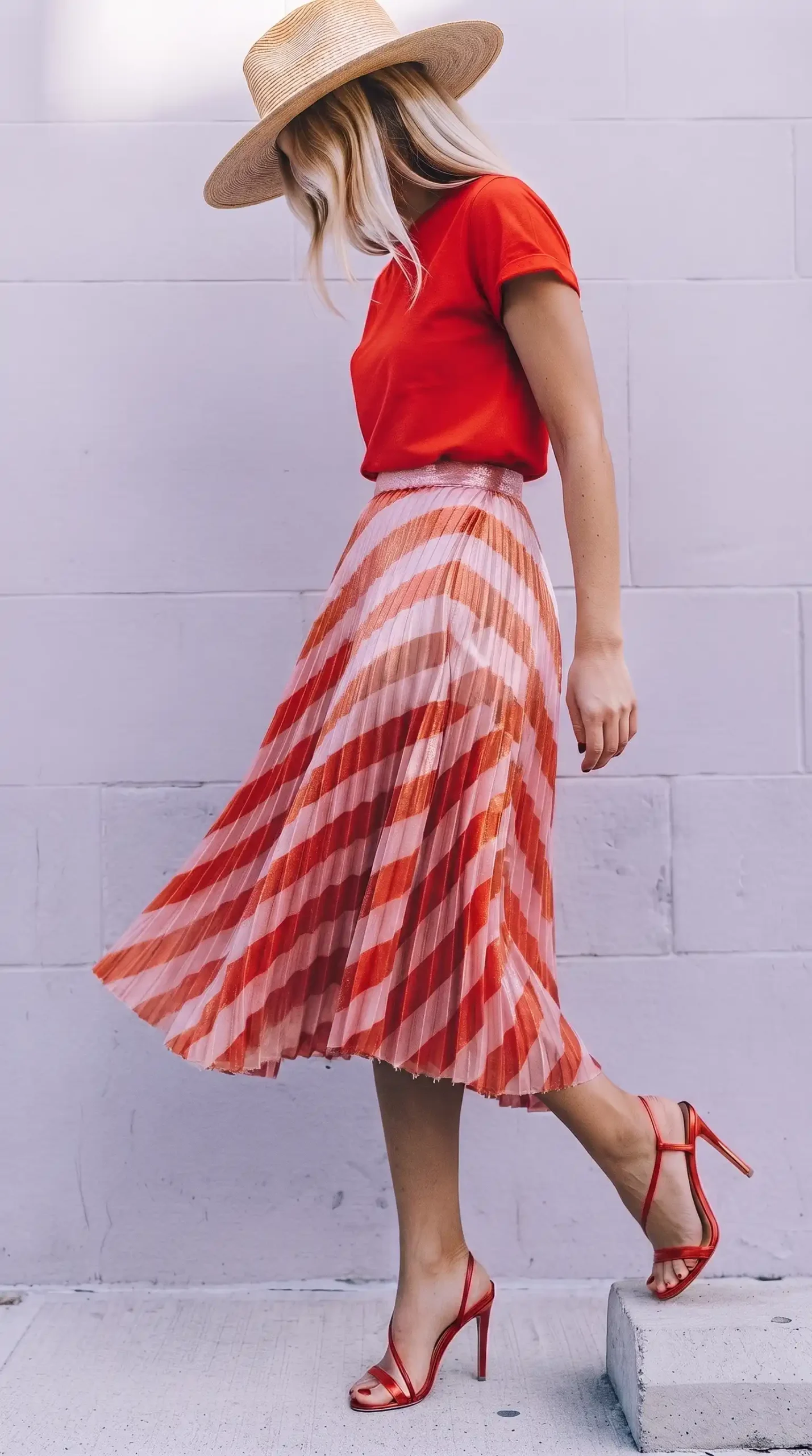 Woman in red tee with pink and red diagonal stripe metallic pleated midi skirt red heels and straw hat