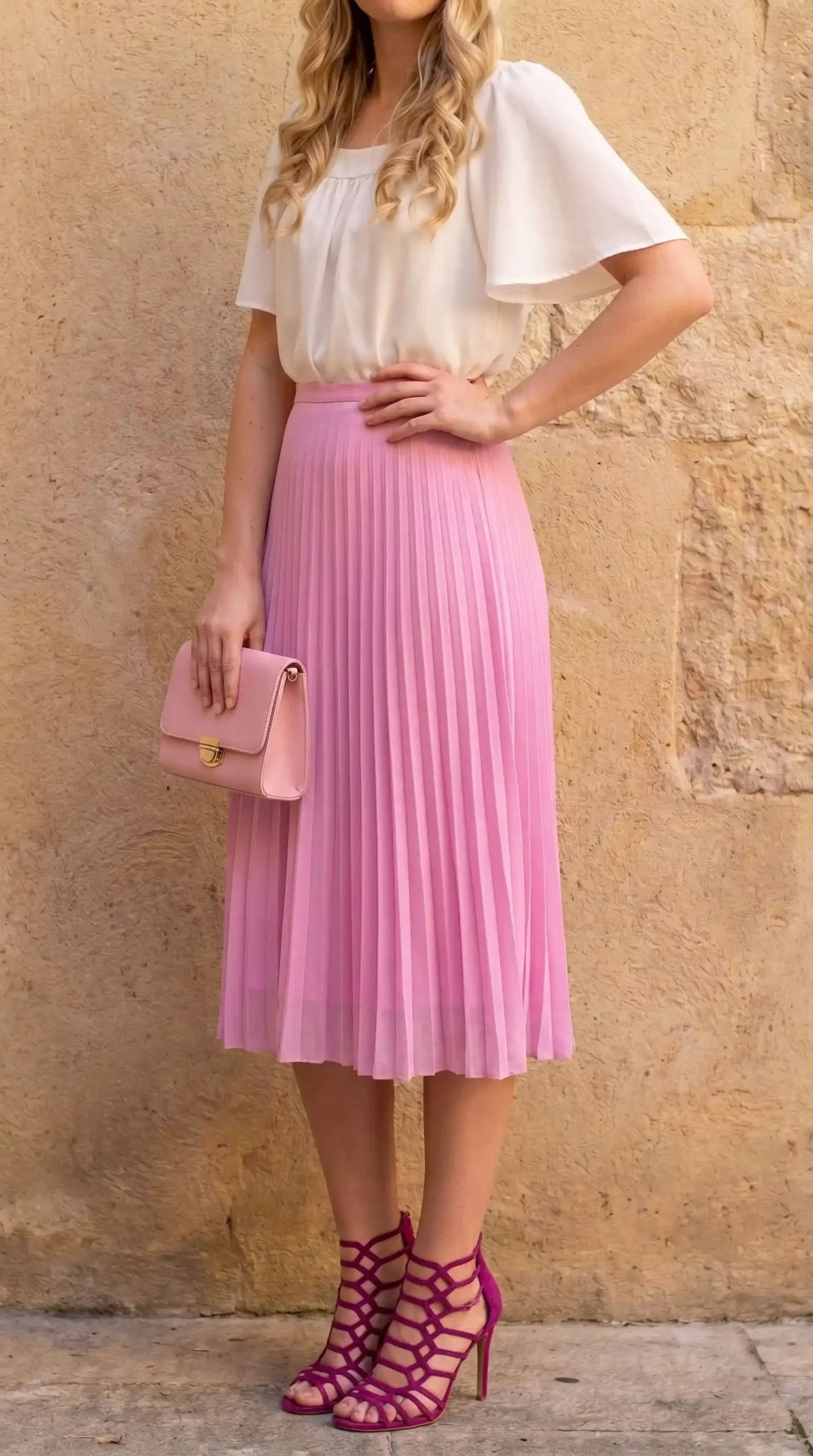 Woman in white flutter sleeve blouse with baby pink pleated midi skirt and magenta caged heels against stone wall