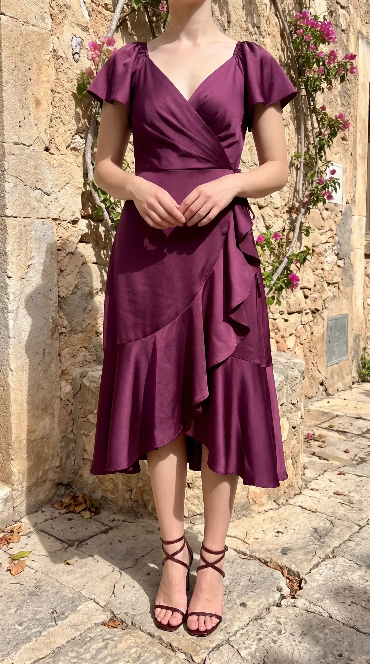 Woman wearing plum purple satin V-neck flutter sleeve wrap cascading ruffle midi dress