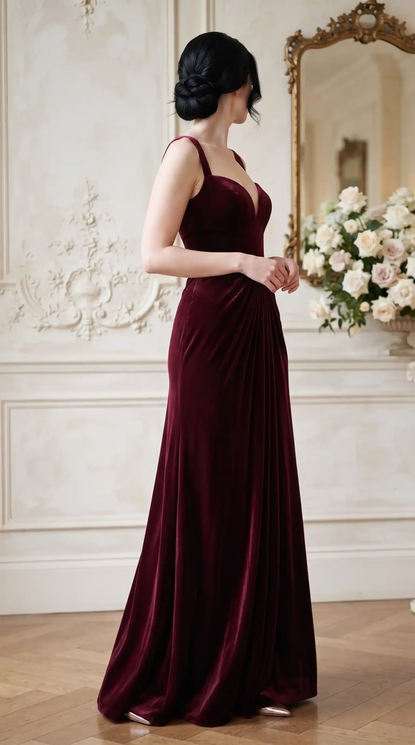 Deep plum burgundy velvet sweetheart v neck ruched maxi gown fall wedding indoors