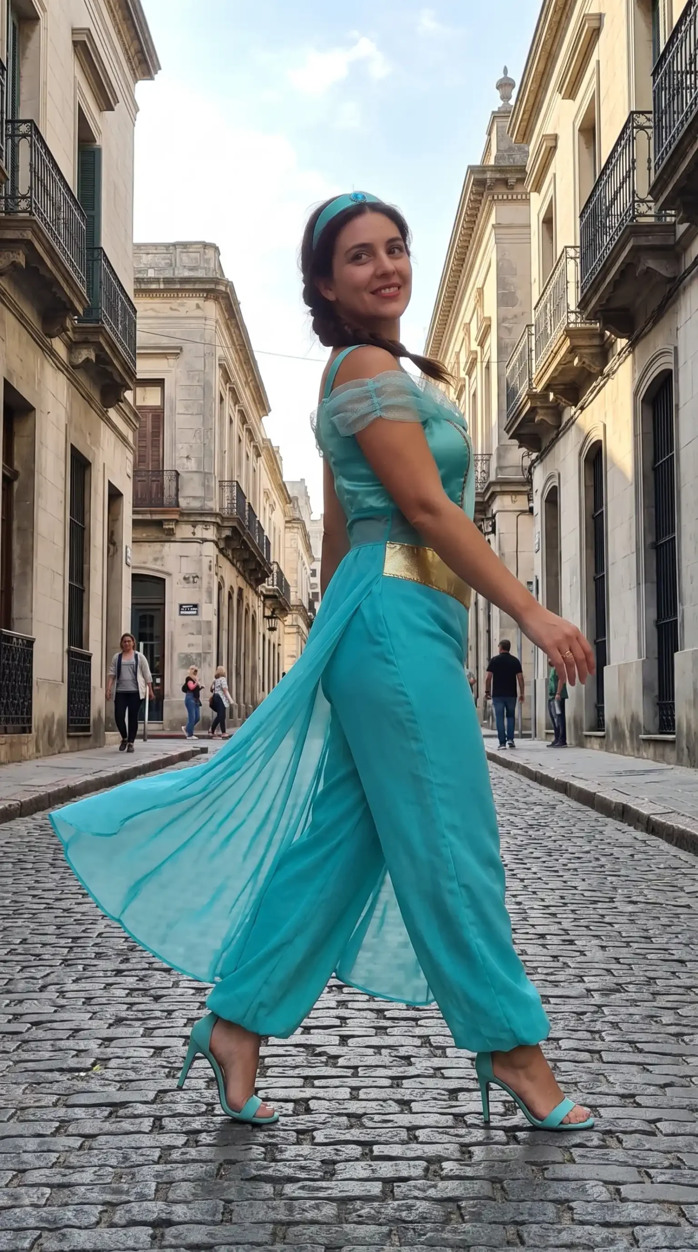 Woman dressed as Princess Jasmine from Aladdin in turquoise off shoulder crop top