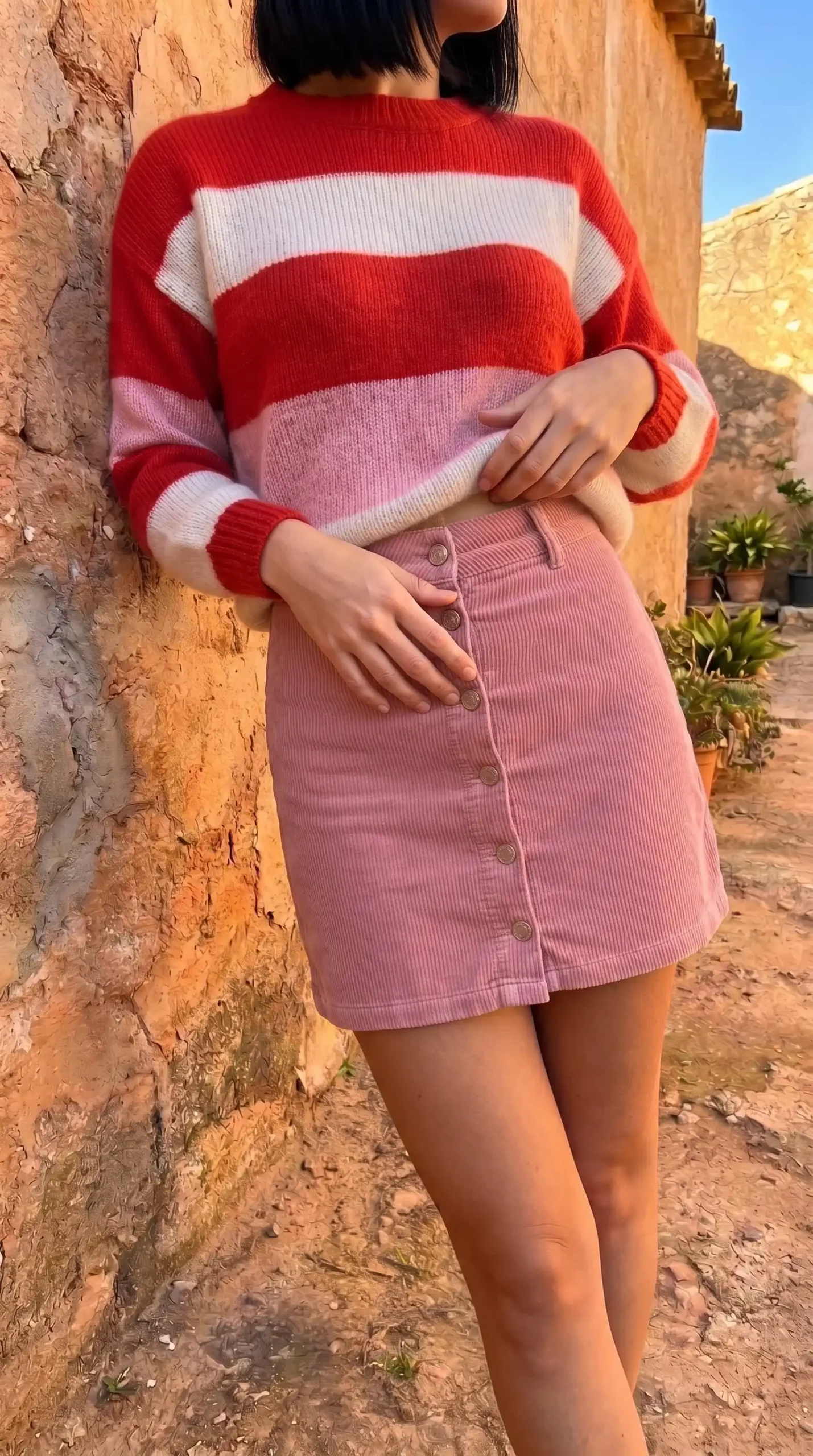 Woman wearing red white stripe knit sweater with pink corduroy mini skirt outdoors