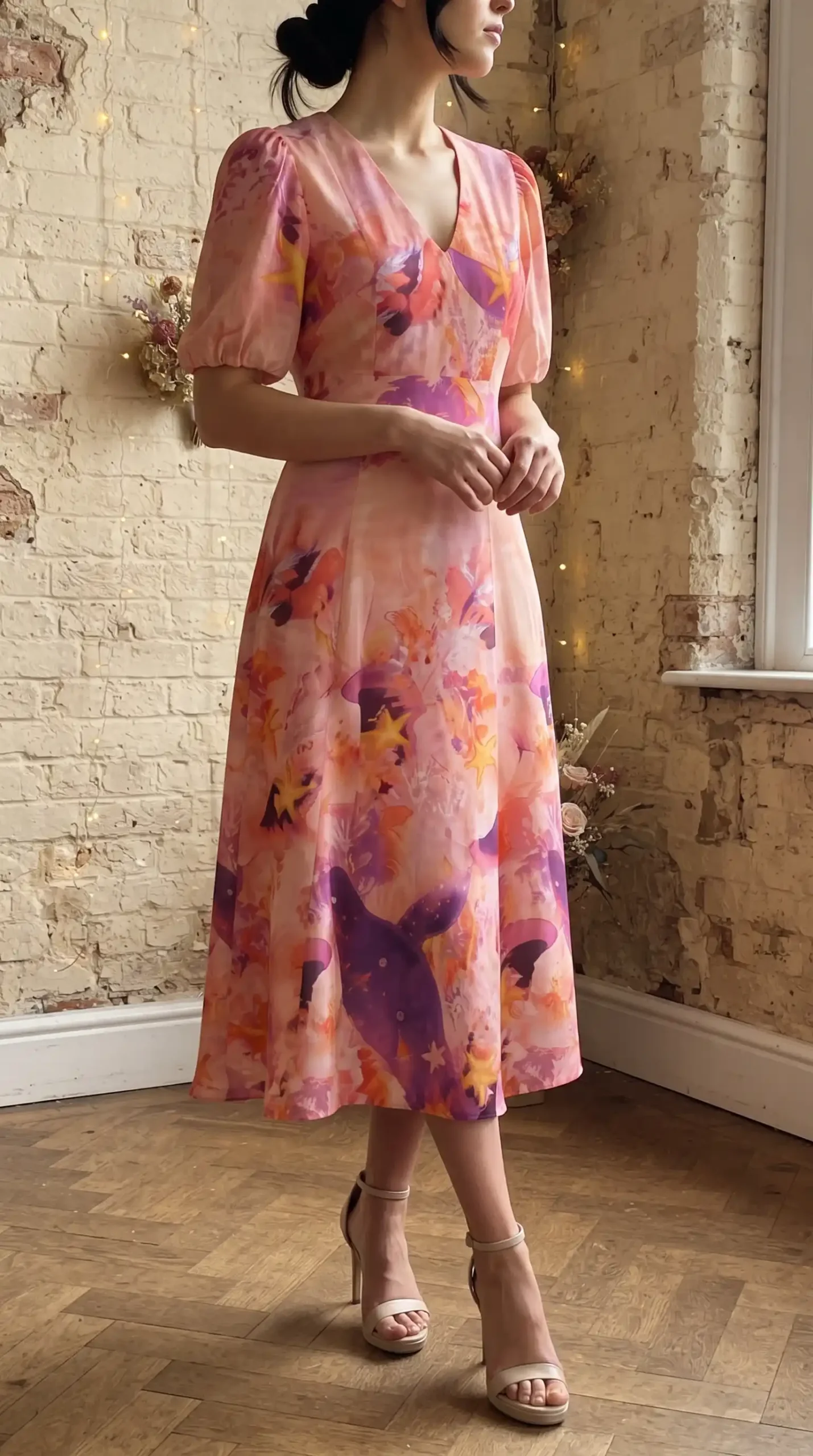 Woman wearing pink watercolor abstract print V-neck puff sleeve A-line midi dress