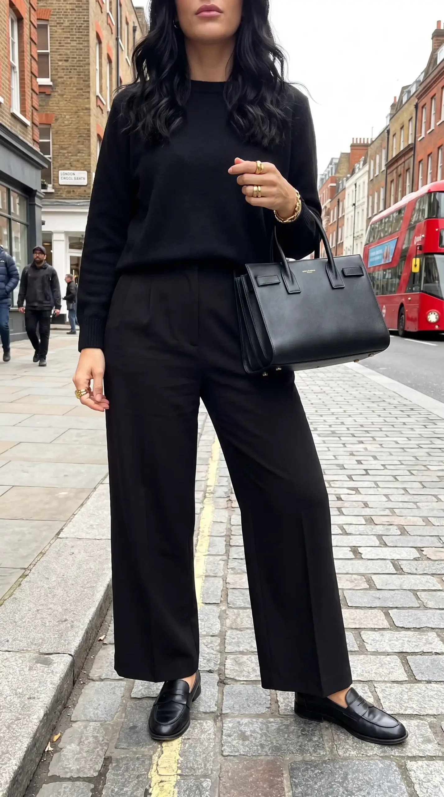 Woman wearing all black knit sweater with black wide leg trousers and black penny loafers outdoors