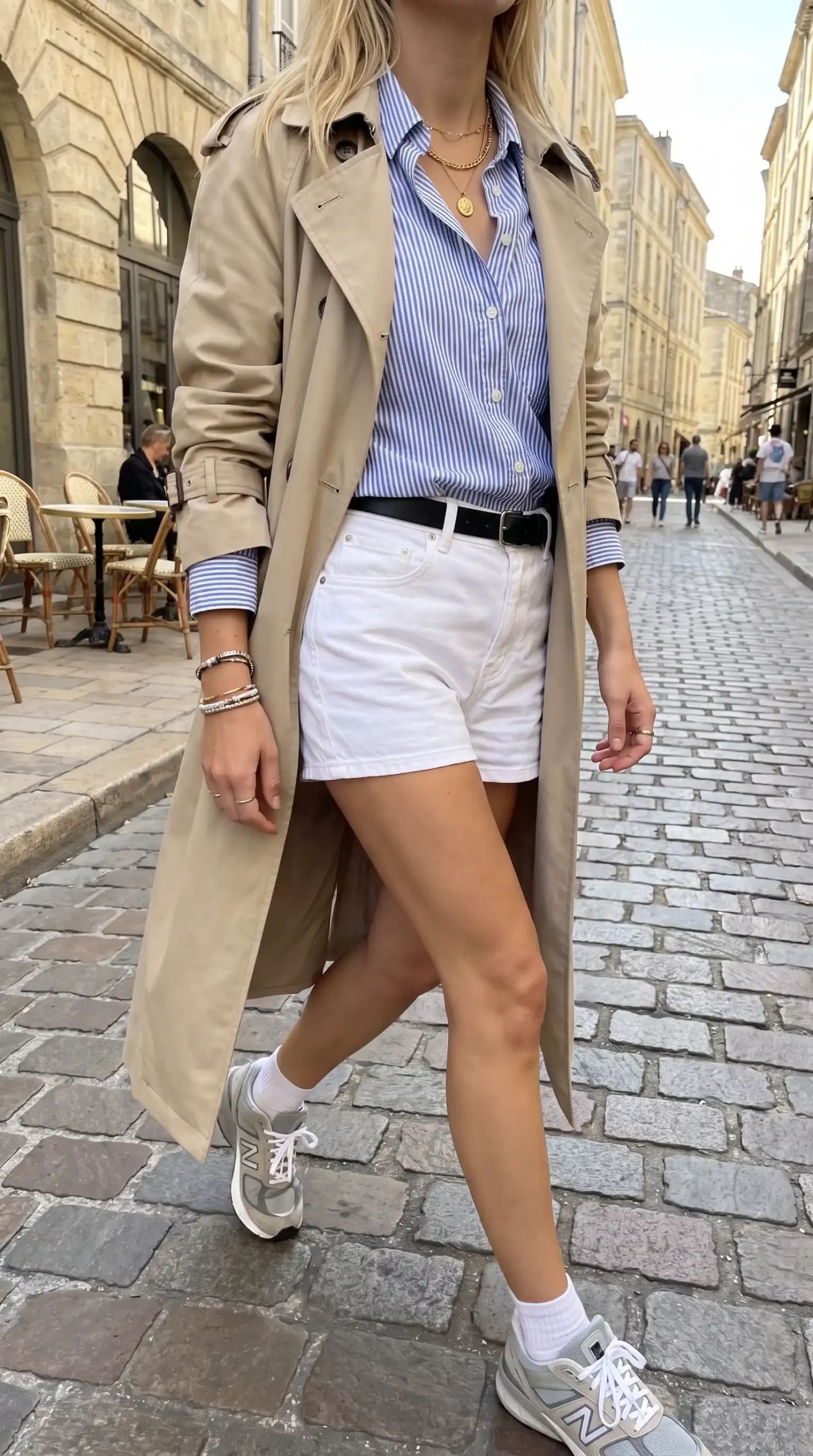 Woman wearing beige trench coat with blue striped shirt white denim shorts black belt and grey sneakers outdoors