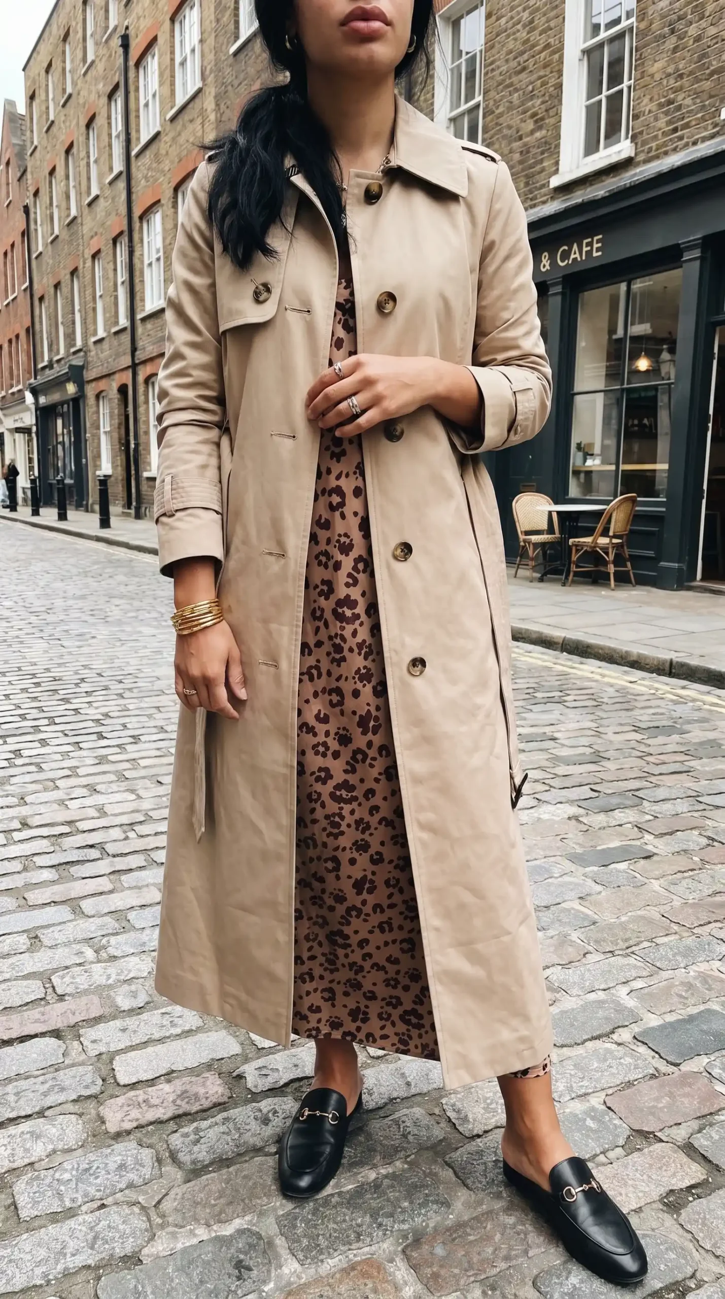 Woman wearing beige trench coat over brown leopard print midi slip dress with black loafer mules outdoors