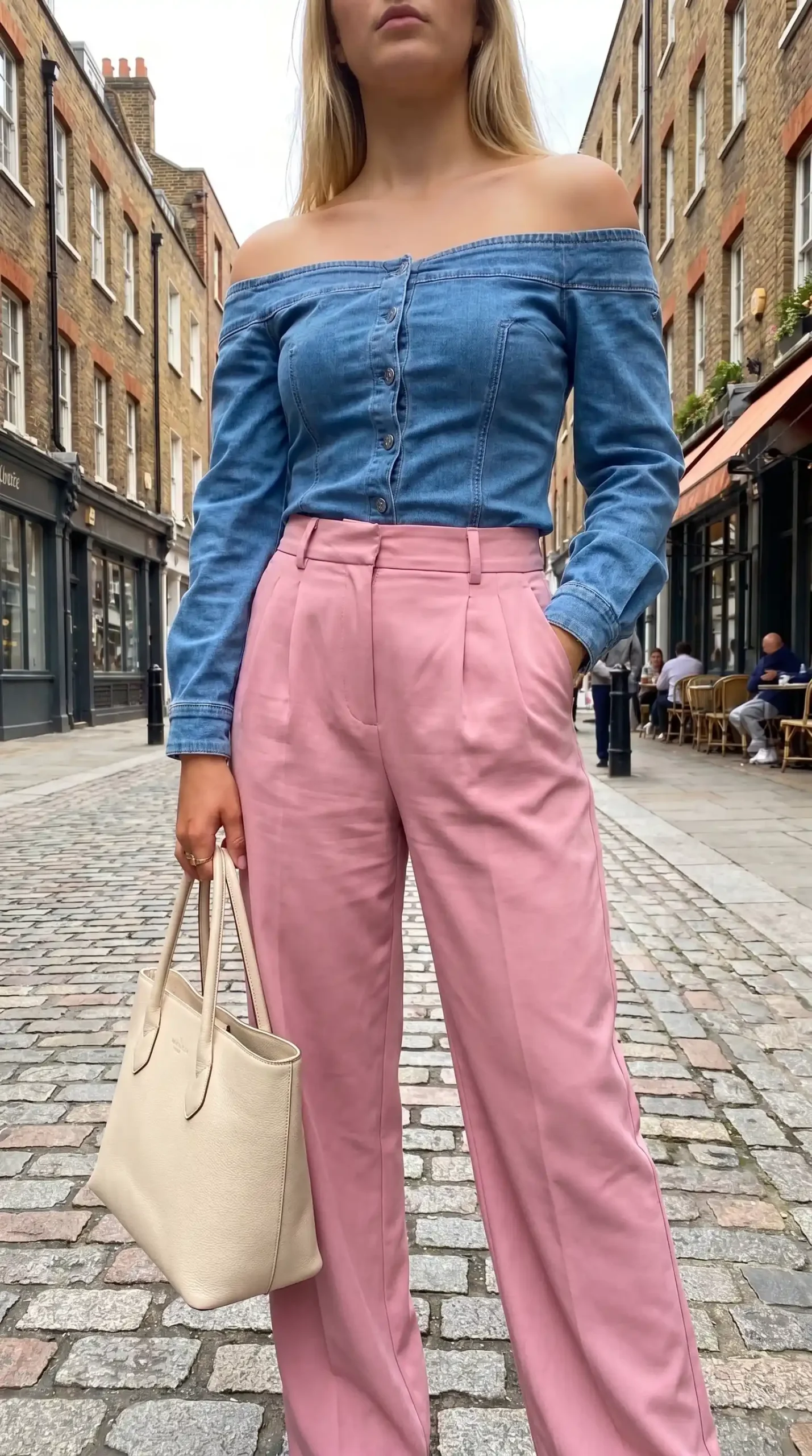 Woman wearing blue denim off shoulder corset top with dusty pink wide leg trousers and cream tote bag outdoors
