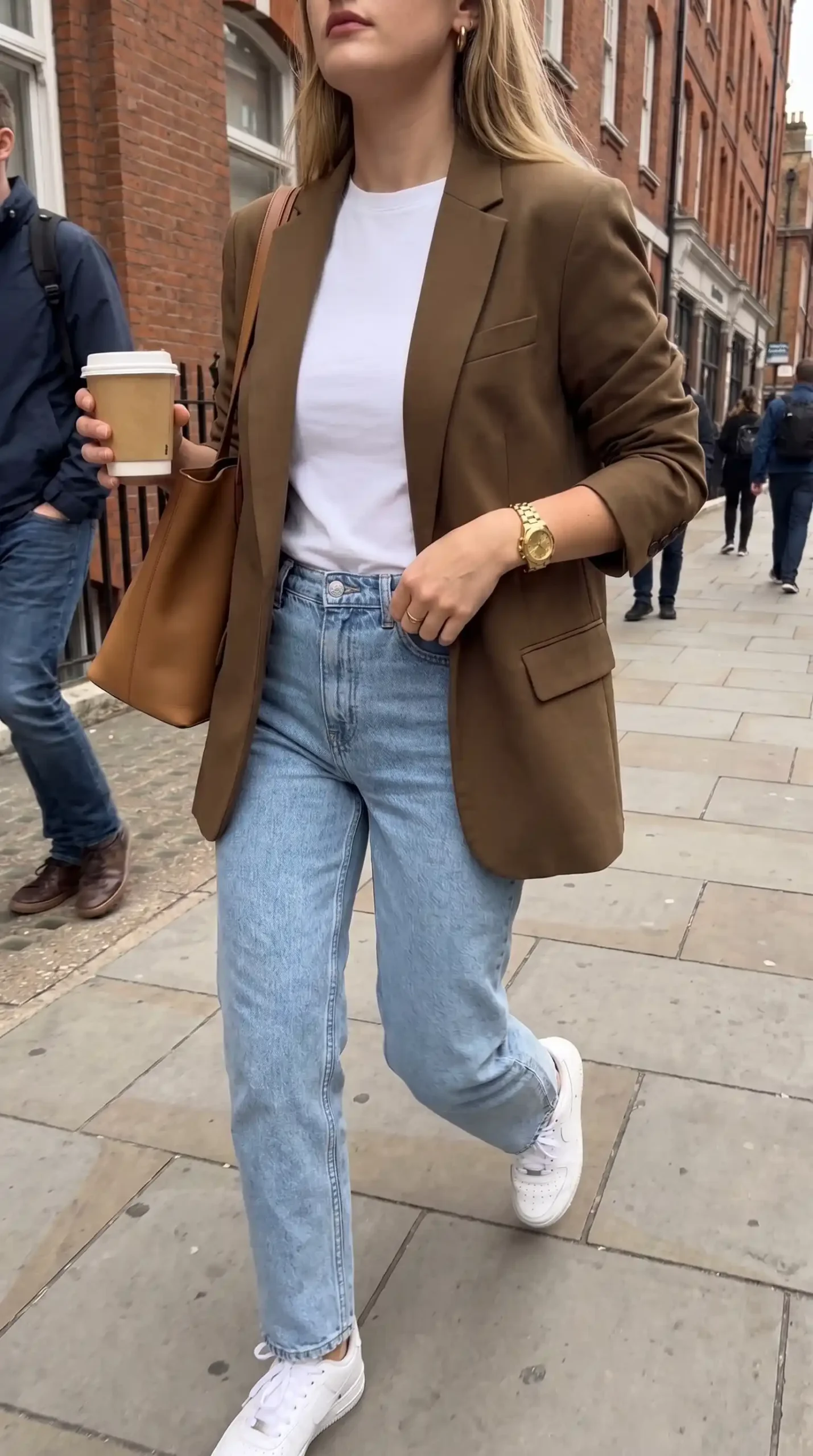 Woman wearing brown blazer with white tee light wash straight jeans and white sneakers outdoors