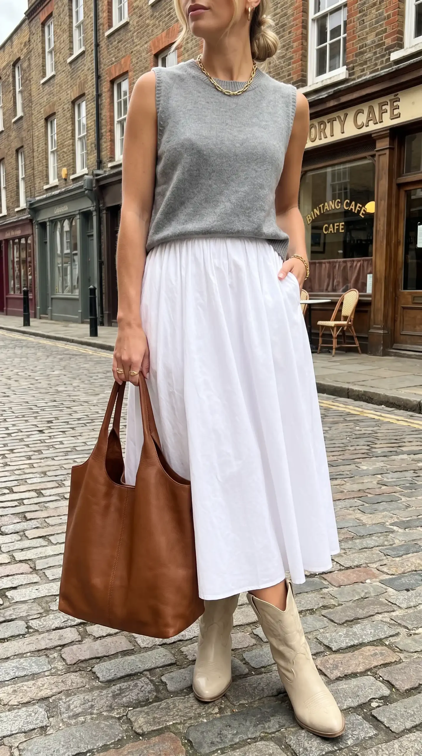 Woman wearing grey sleeveless knit vest with white poplin midi skirt cream cowboy boots and tan leather tote outdoors