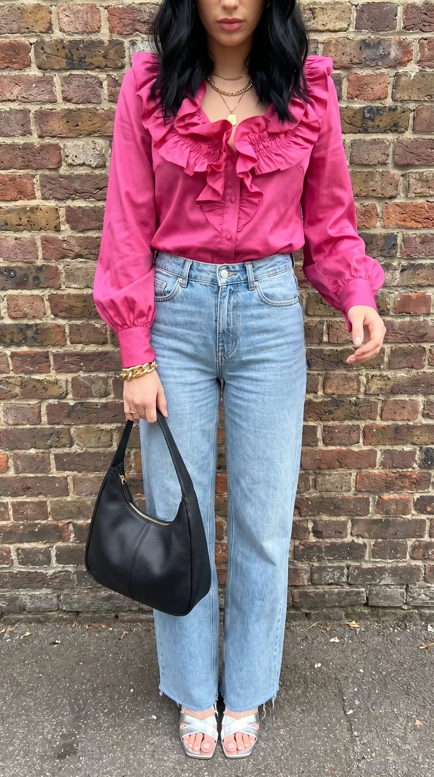 Woman wearing hot pink ruffle front satin blouse with light wash wide leg jeans and black shoulder bag outdoors