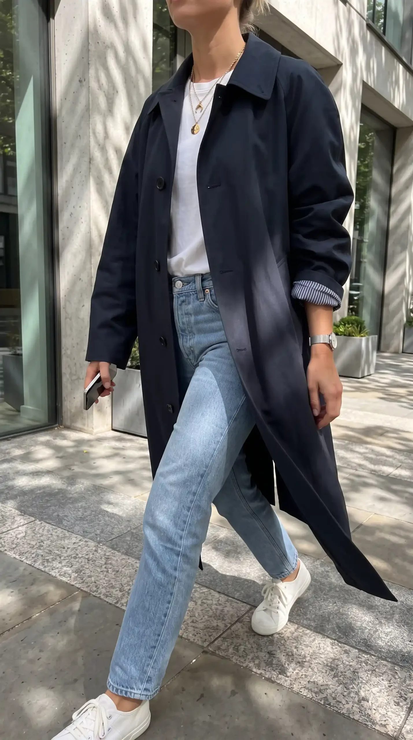 Woman wearing navy mac coat with white tee light wash straight jeans and white sneakers outdoors