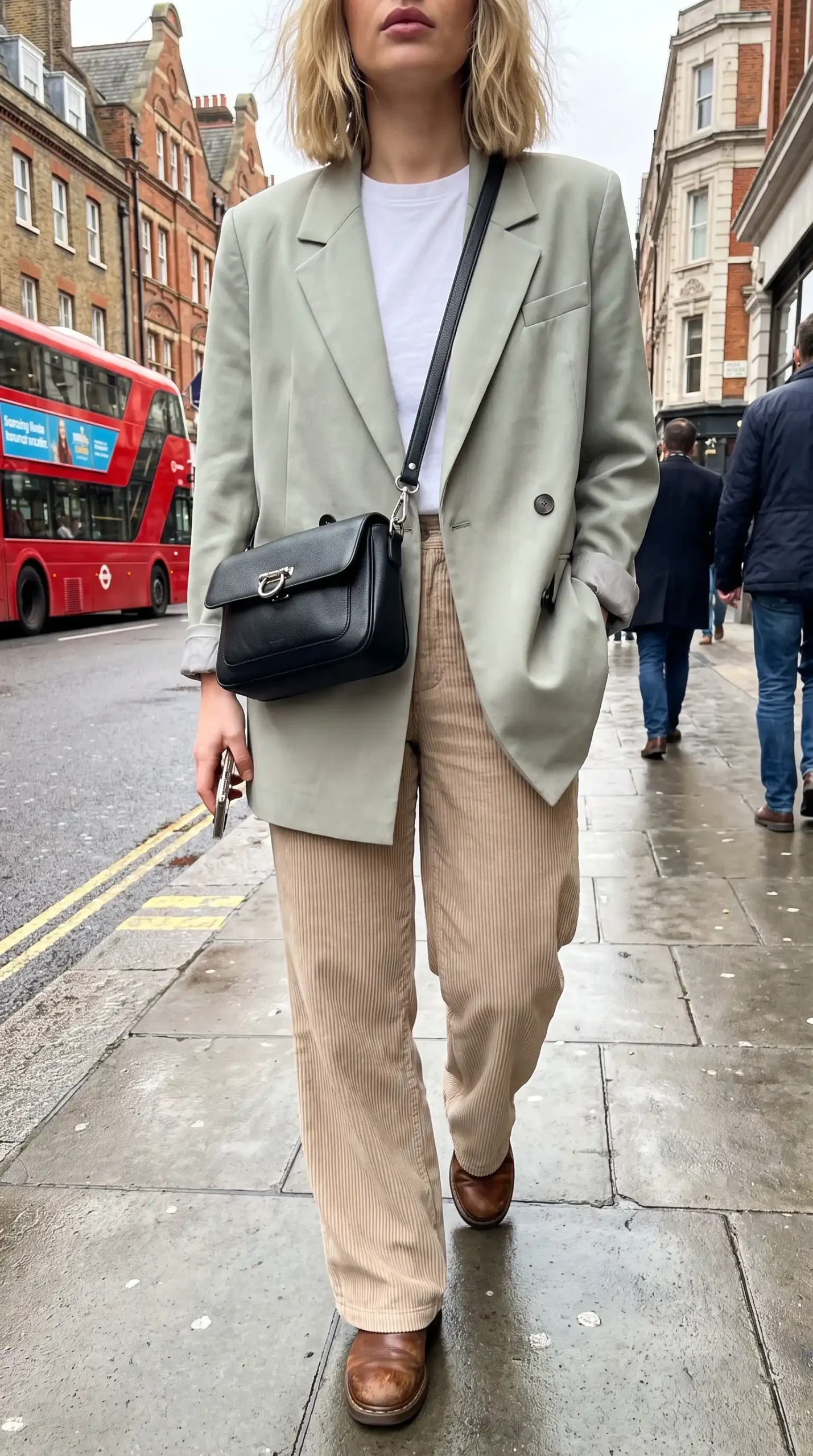 Woman wearing sage green oversized blazer with white tee beige corduroy wide leg trousers and brown boots outdoors