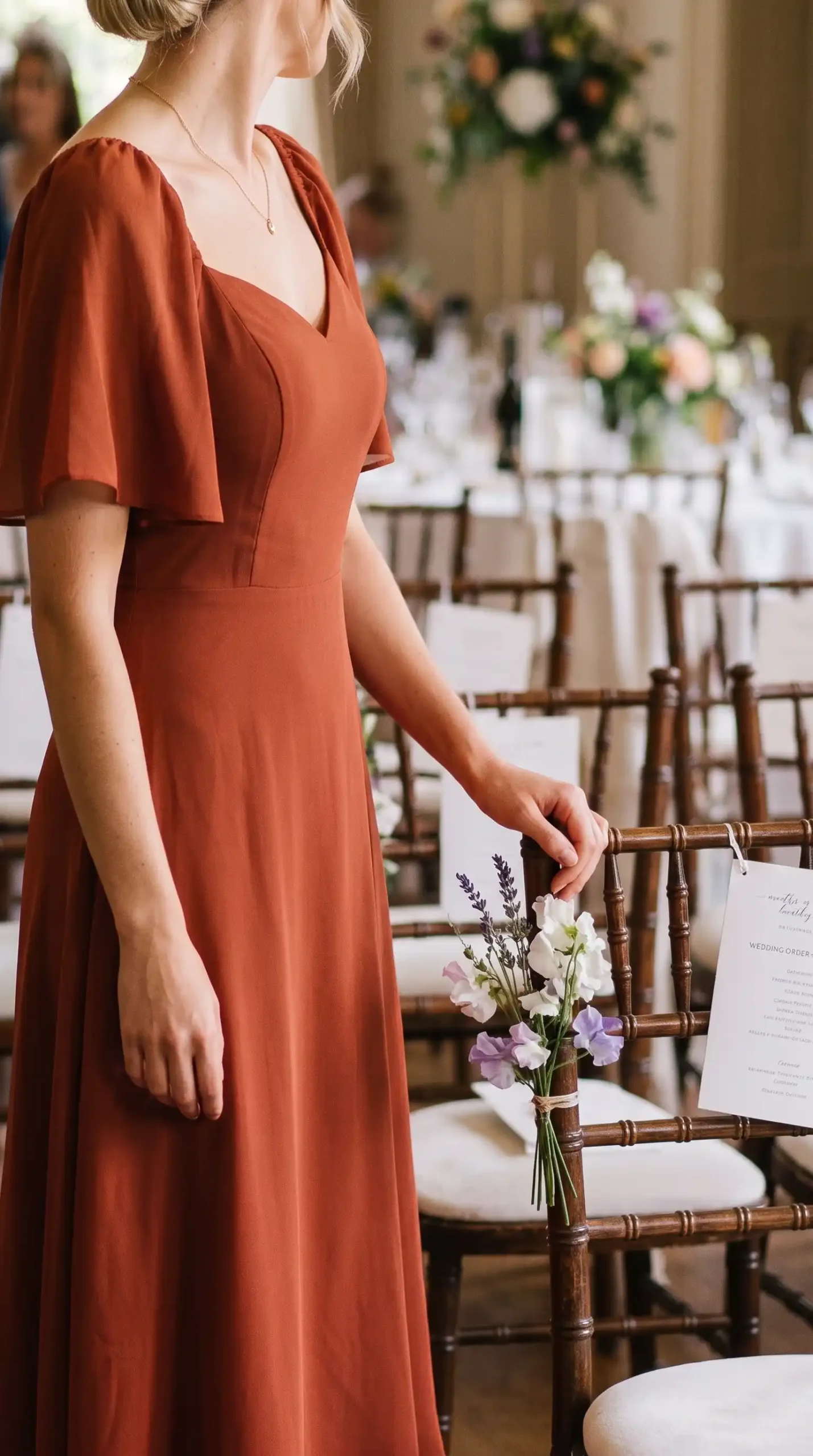 Woman wearing terracotta rust sweetheart flutter sleeve A-line chiffon maxi dress at wedding reception venue