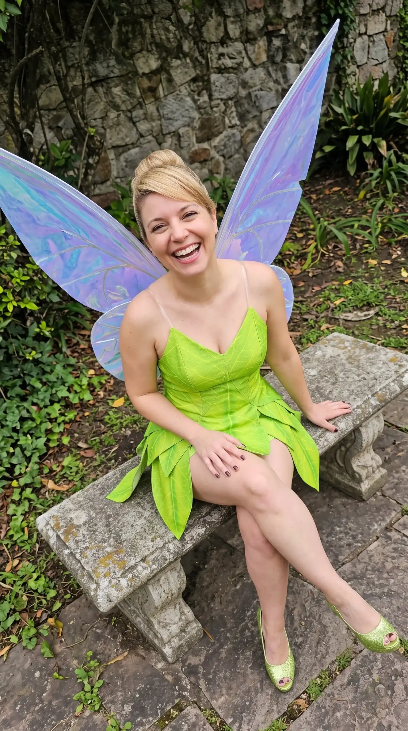 Woman dressed as Tinker Bell from Peter Pan in lime green leaf texture mini dress with iridescent purple fairy wings