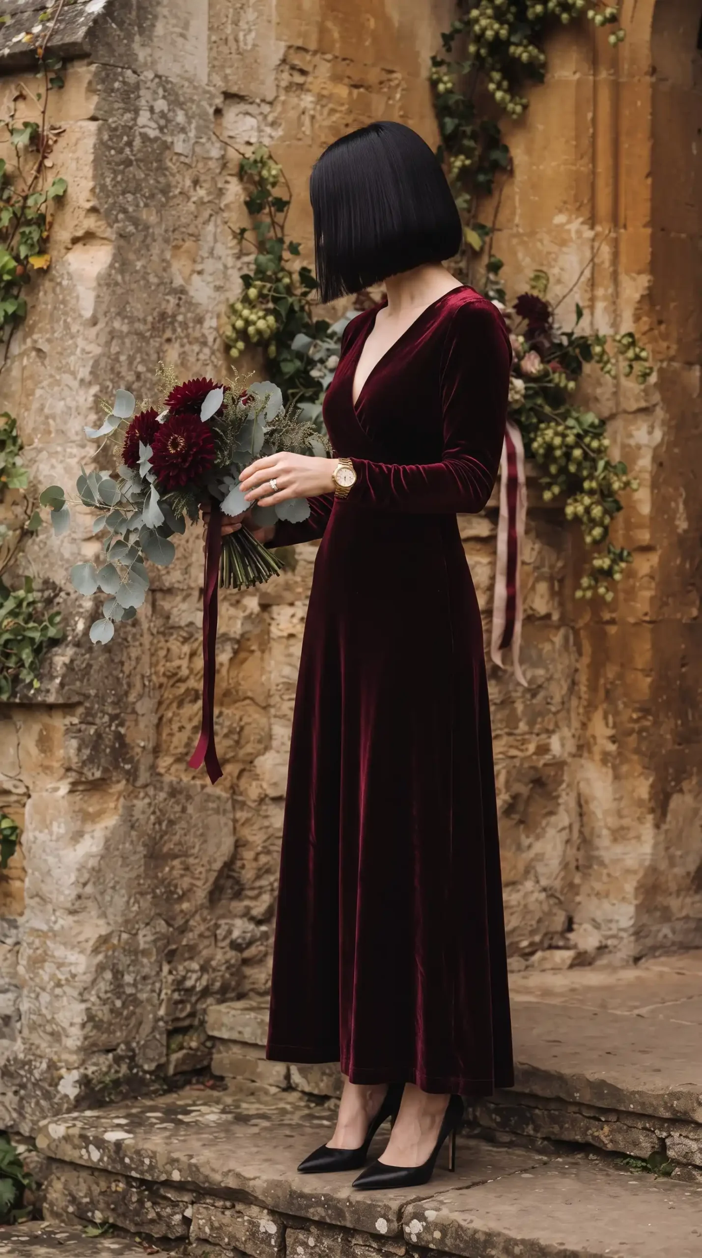 Woman wearing deep burgundy velvet long sleeve v neck A line maxi dress with black pointed heels holding bouquet at stone church