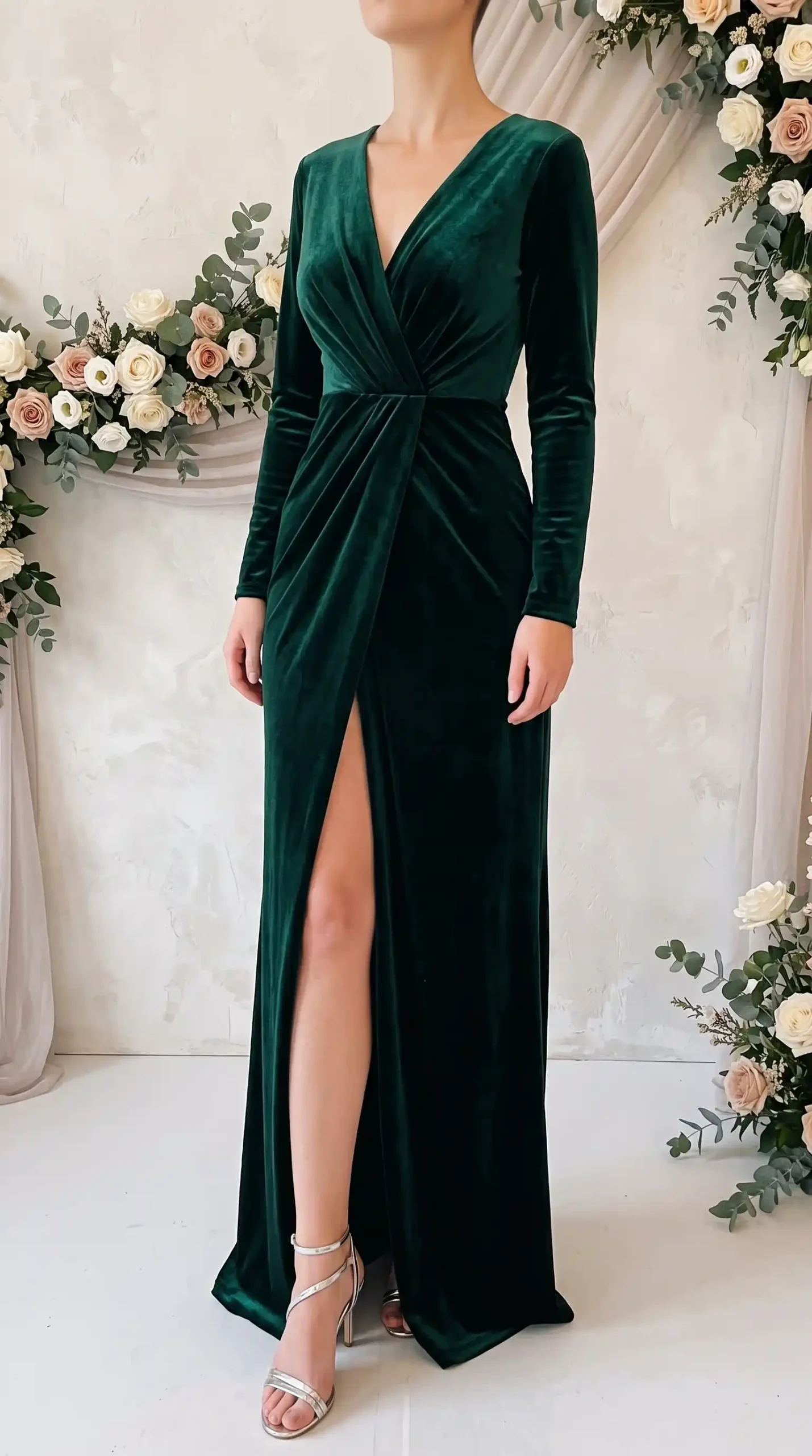 Woman wearing emerald green velvet deep v neck long sleeve wrap maxi dress with thigh split and silver heels