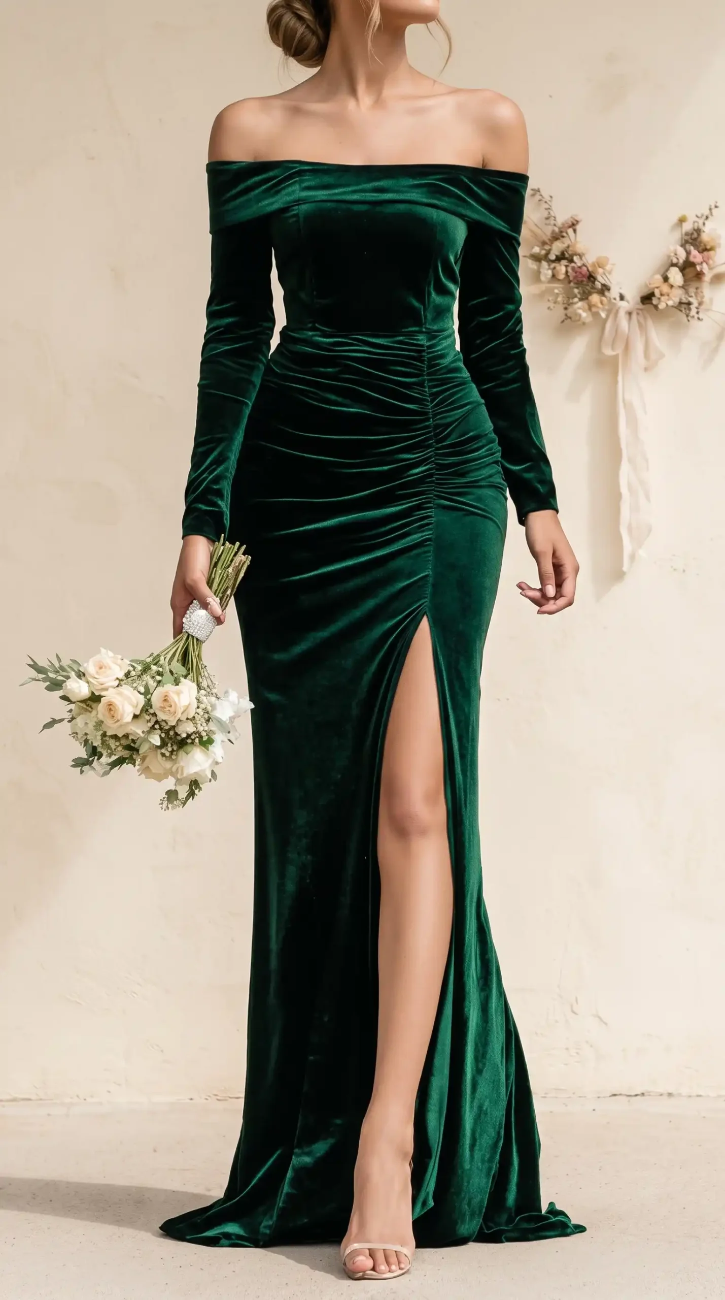 Woman wearing emerald green velvet off shoulder long sleeve ruched maxi dress with thigh split holding white bouquet