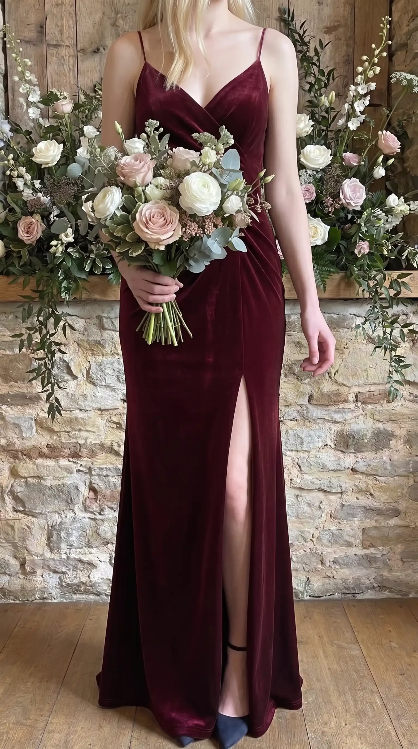 Woman wearing wine burgundy velvet spaghetti strap v neck fitted maxi dress with thigh split holding bouquet at wedding