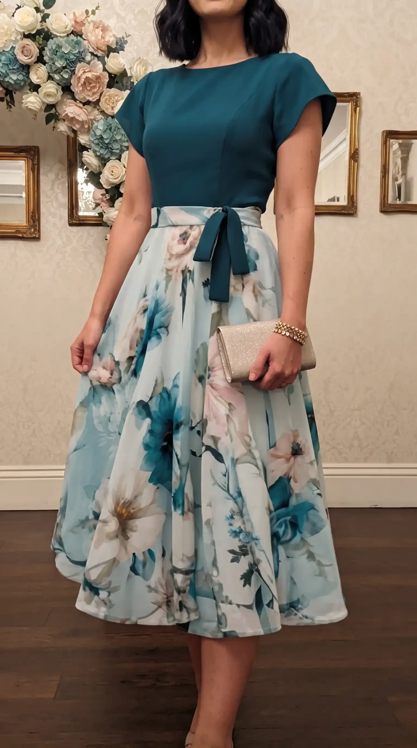 Woman wearing teal cap sleeve bodice with floral organza full midi skirt bow waist dress holding gold clutch