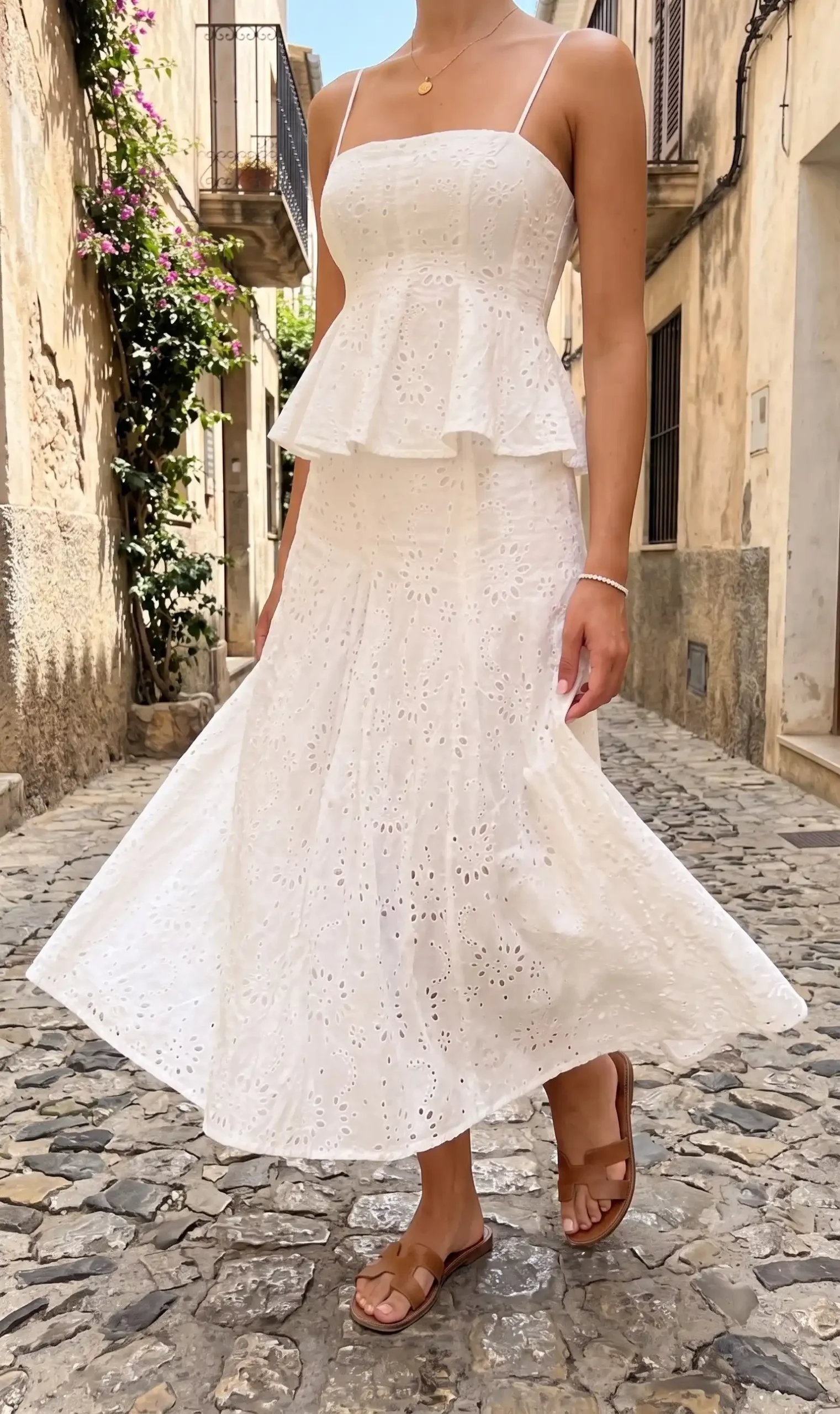 Woman wearing white eyelet peplum top and maxi skirt on European cobblestone street