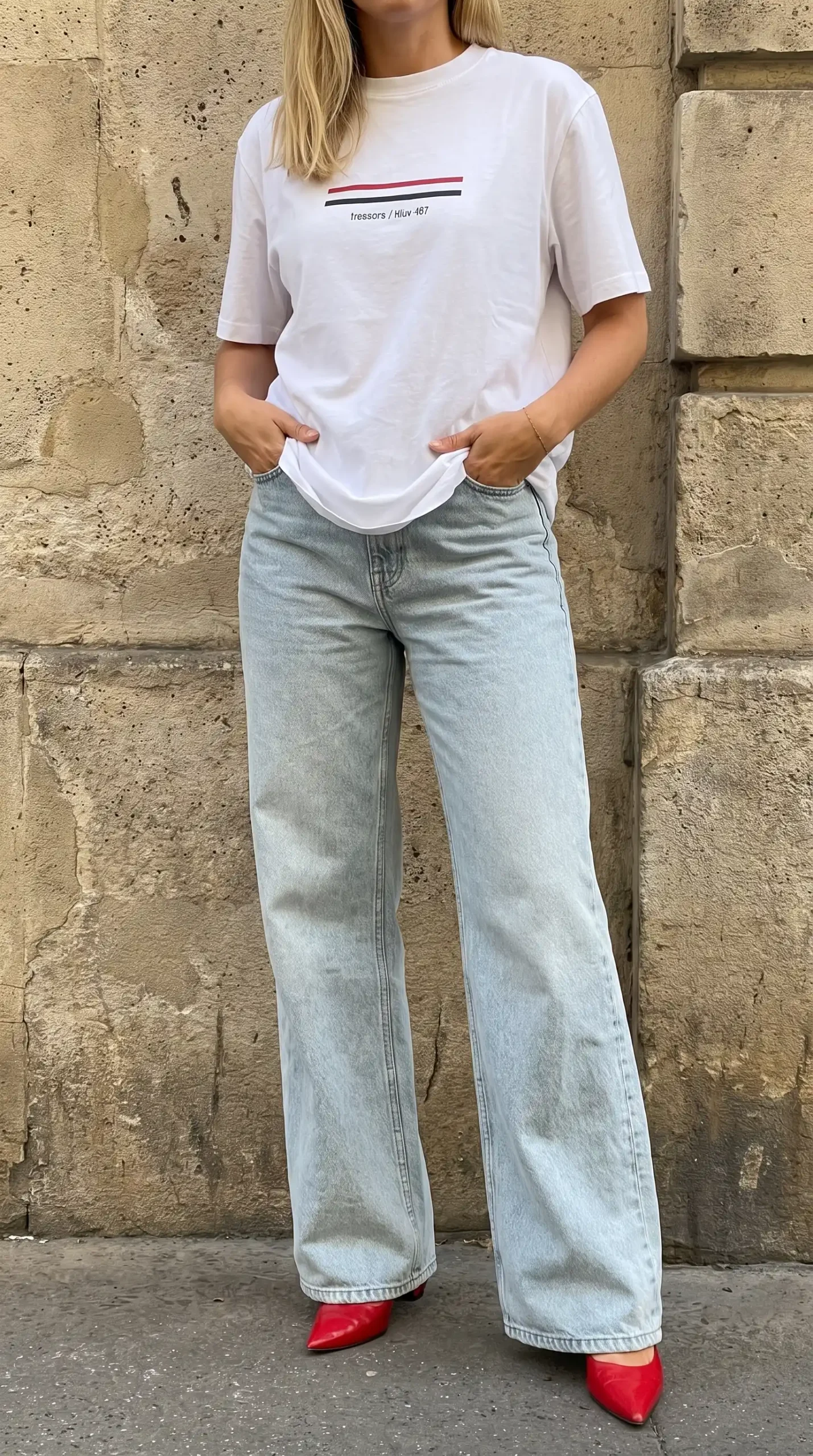 Woman wearing white graphic tee with light wash wide leg jeans and red pointed heels