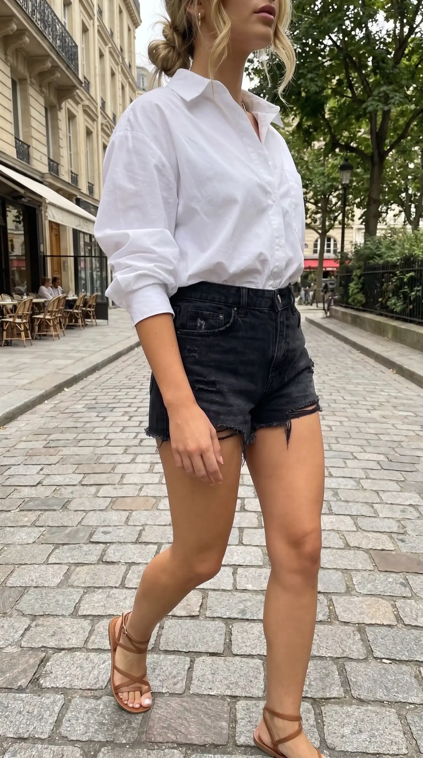 White oversized button down shirt with black distressed denim shorts and tan strappy sandals street style