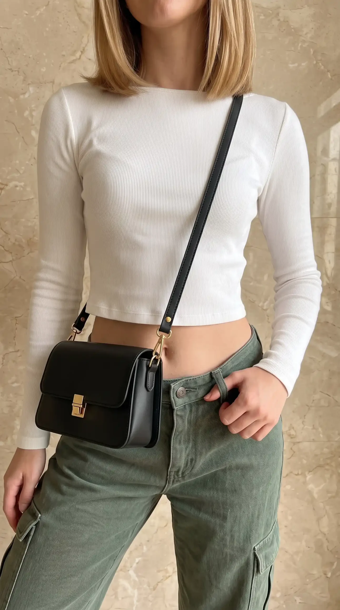 Woman wearing white ribbed long sleeve crop top with olive green cargo wide leg jeans