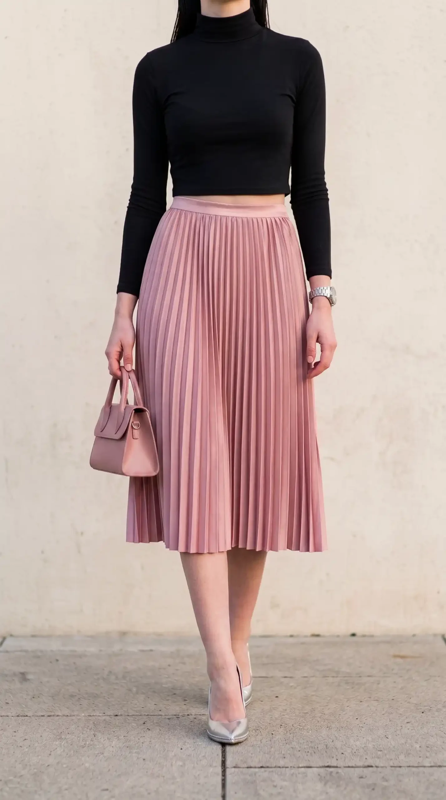 Woman in black long sleeve turtleneck crop top with dusty rose pleated satin midi skirt and silver pumps