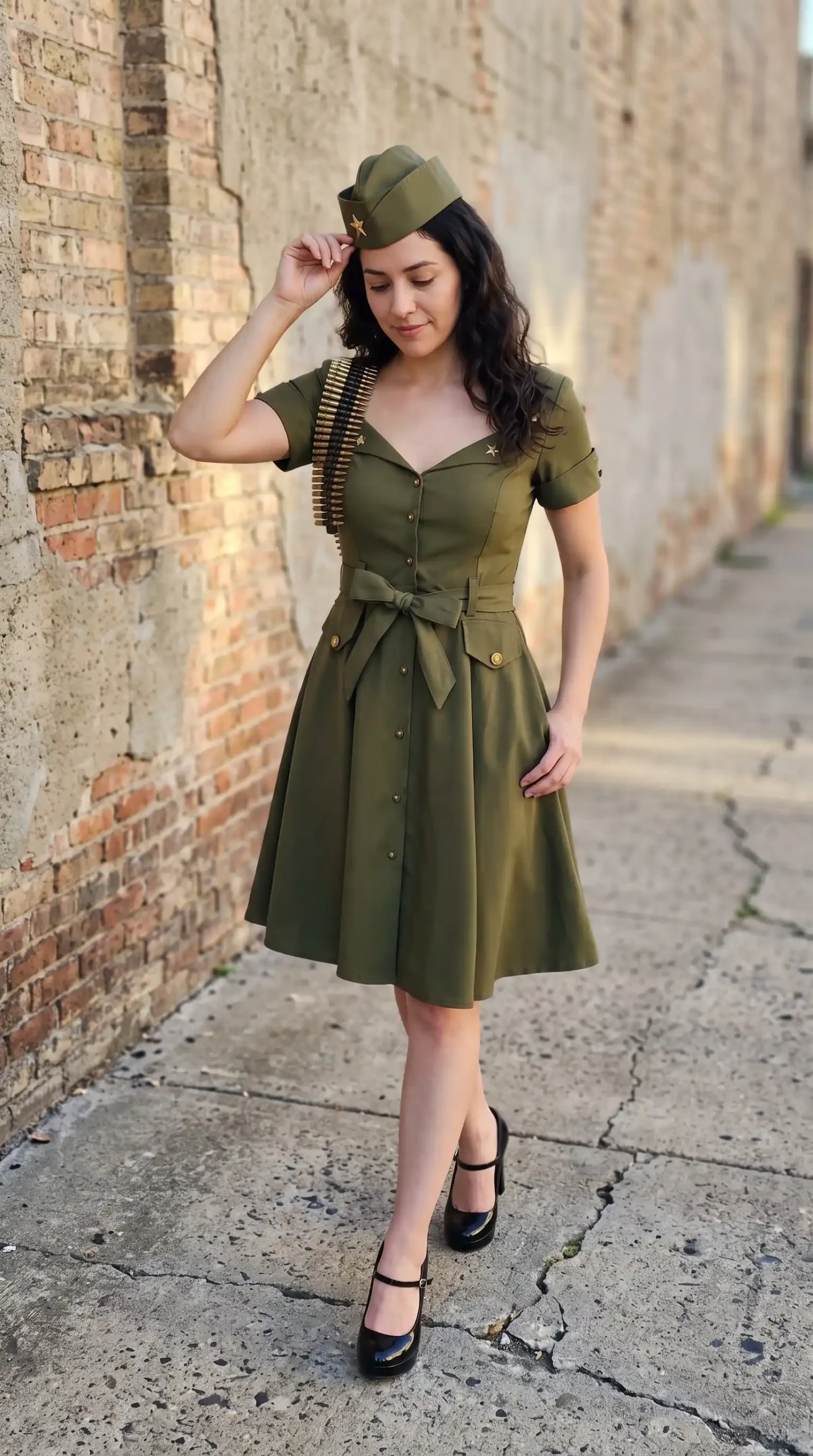 Woman dressed as Wonder Woman in olive green sweetheart neckline fit