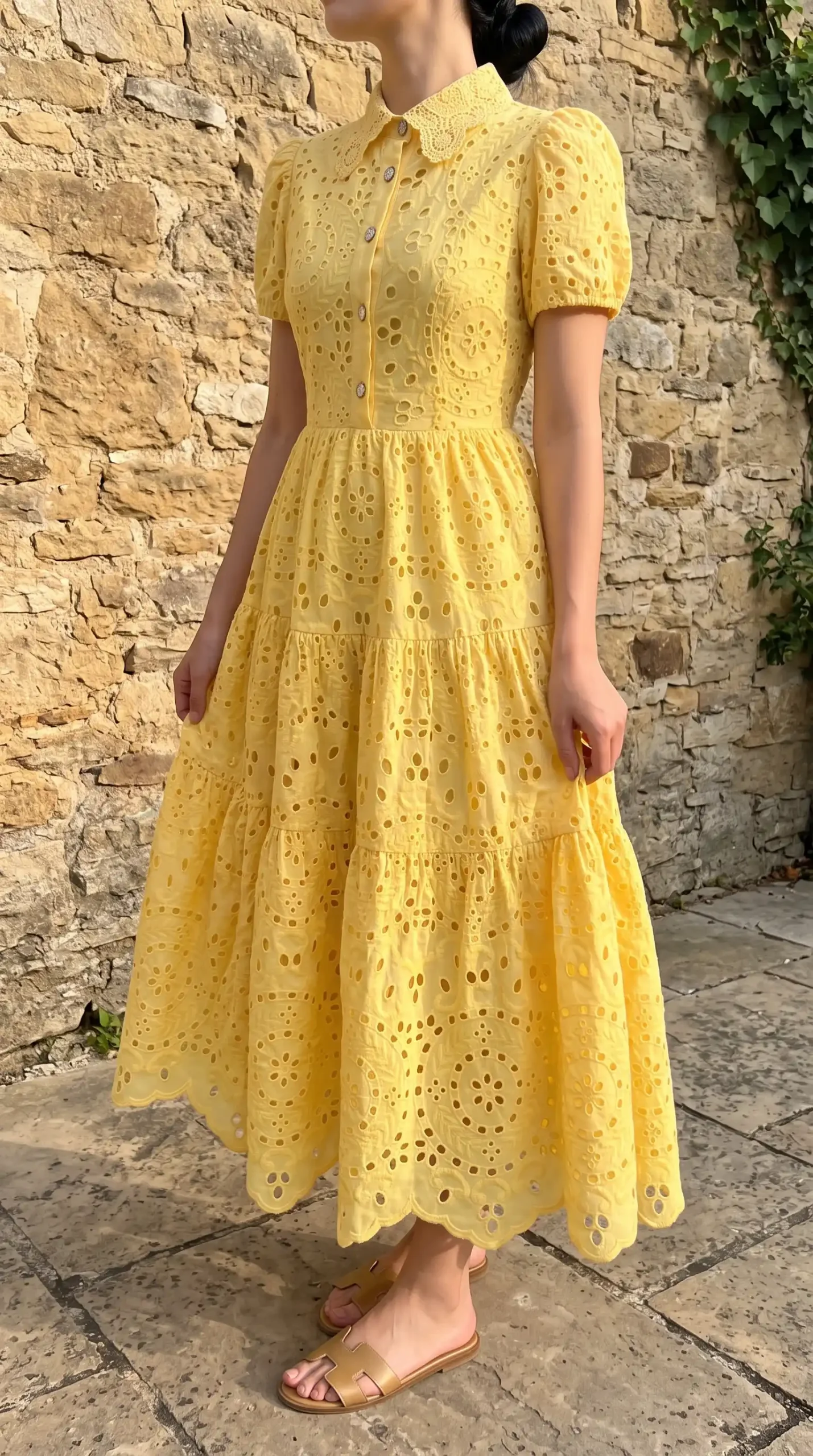 Woman wearing yellow eyelet lace peter pan collar puff sleeve tiered button front maxi dress
