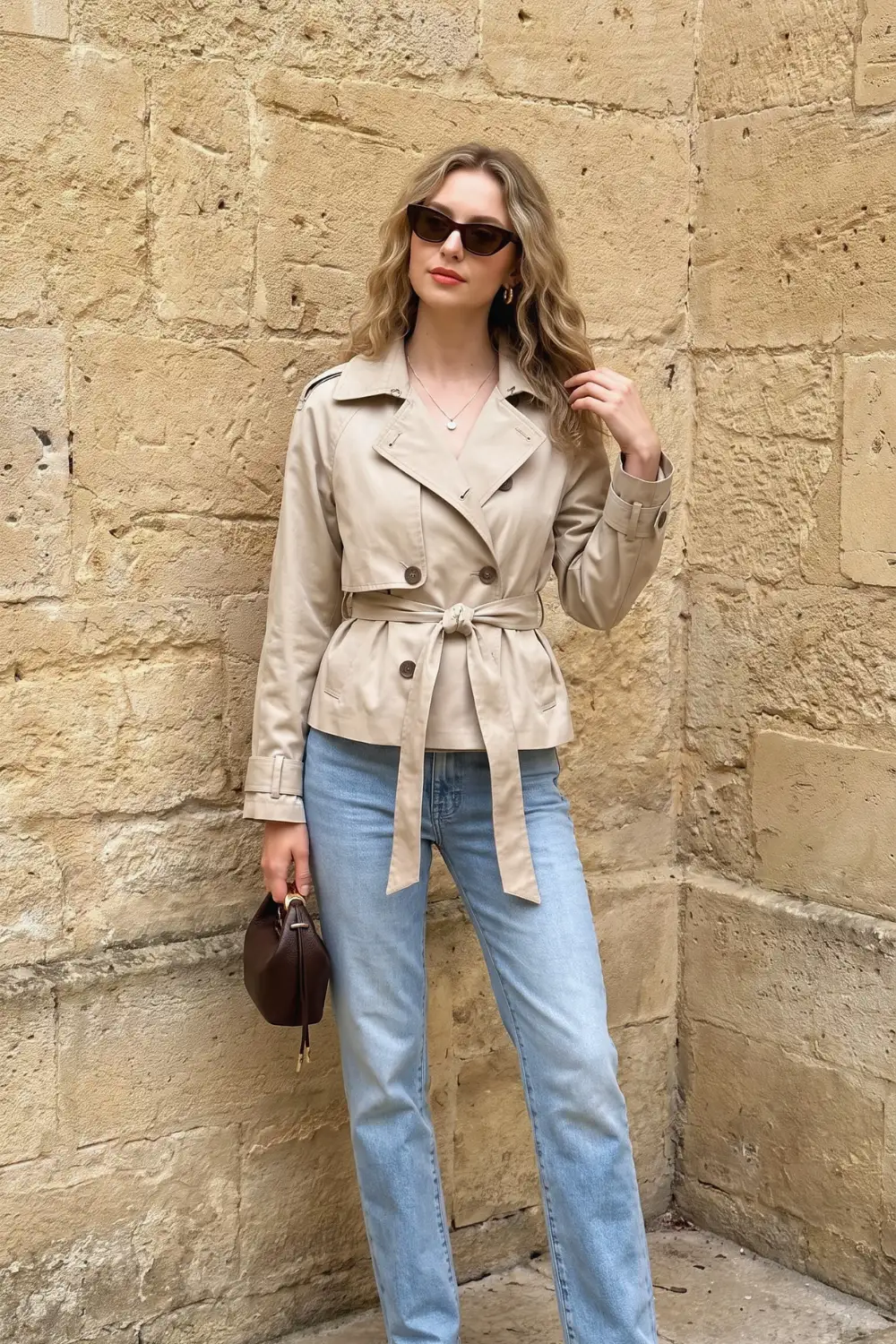 Woman in sand beige cropped belted trench jacket with light wash straight jeans