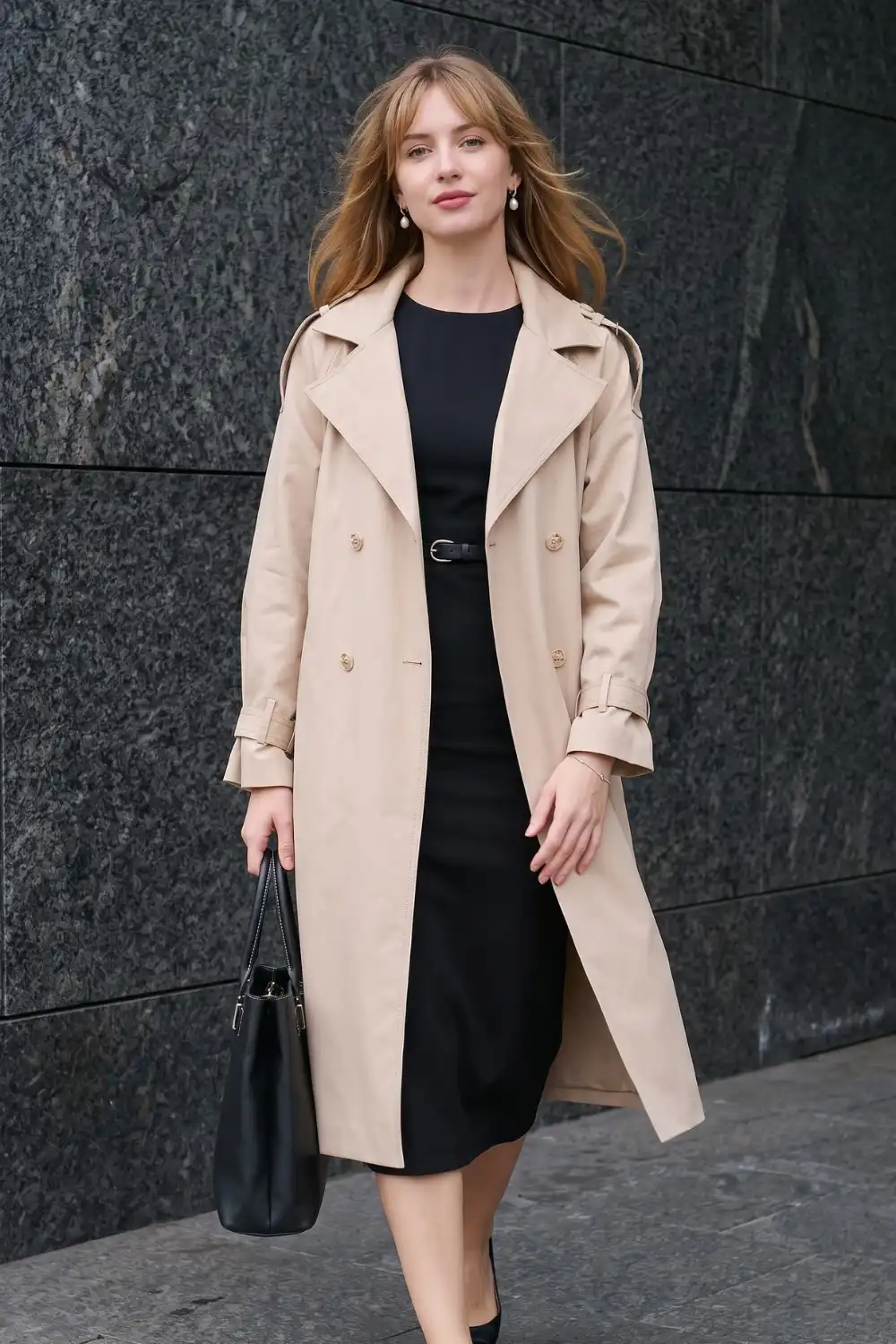 Woman in beige classic trench coat over black belted midi dress