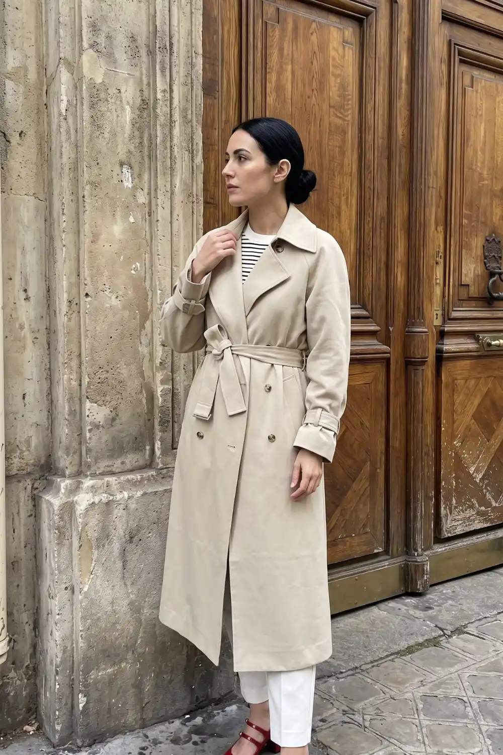 Woman wearing beige belted trench coat with white stripe top and white trousers