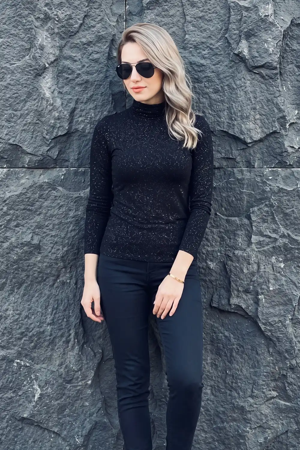 Woman in black glitter lurex turtleneck top with black skinny jeans