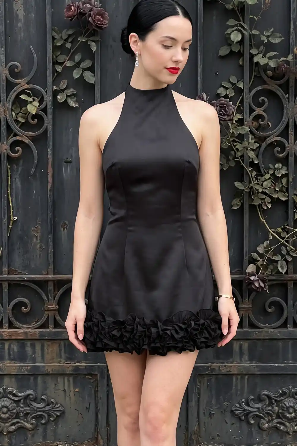 Woman wearing black satin halter neck mini dress with ruffle hem
