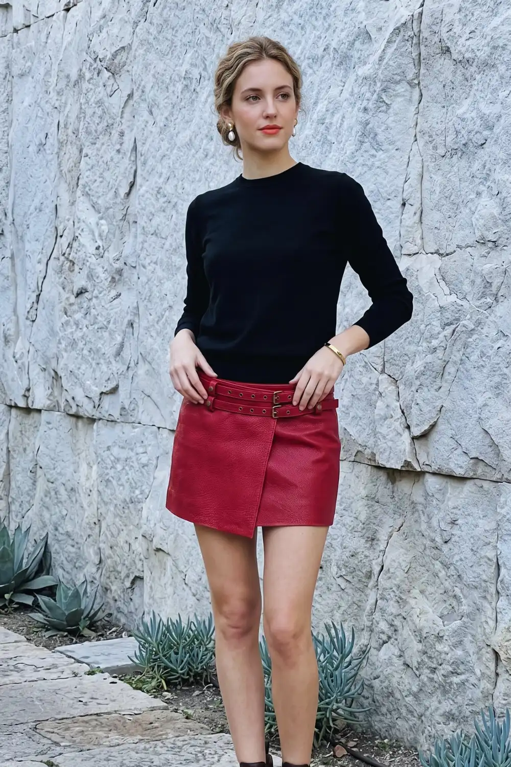 Woman in black knit top with dark red double buckle wrap leather mini skirt