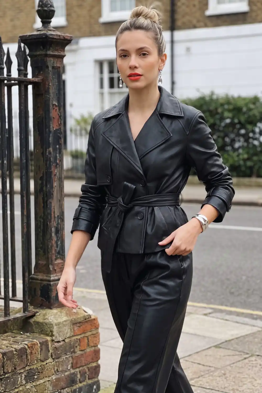 Woman in black belted double-breasted leather jacket with black leather wide leg trousers