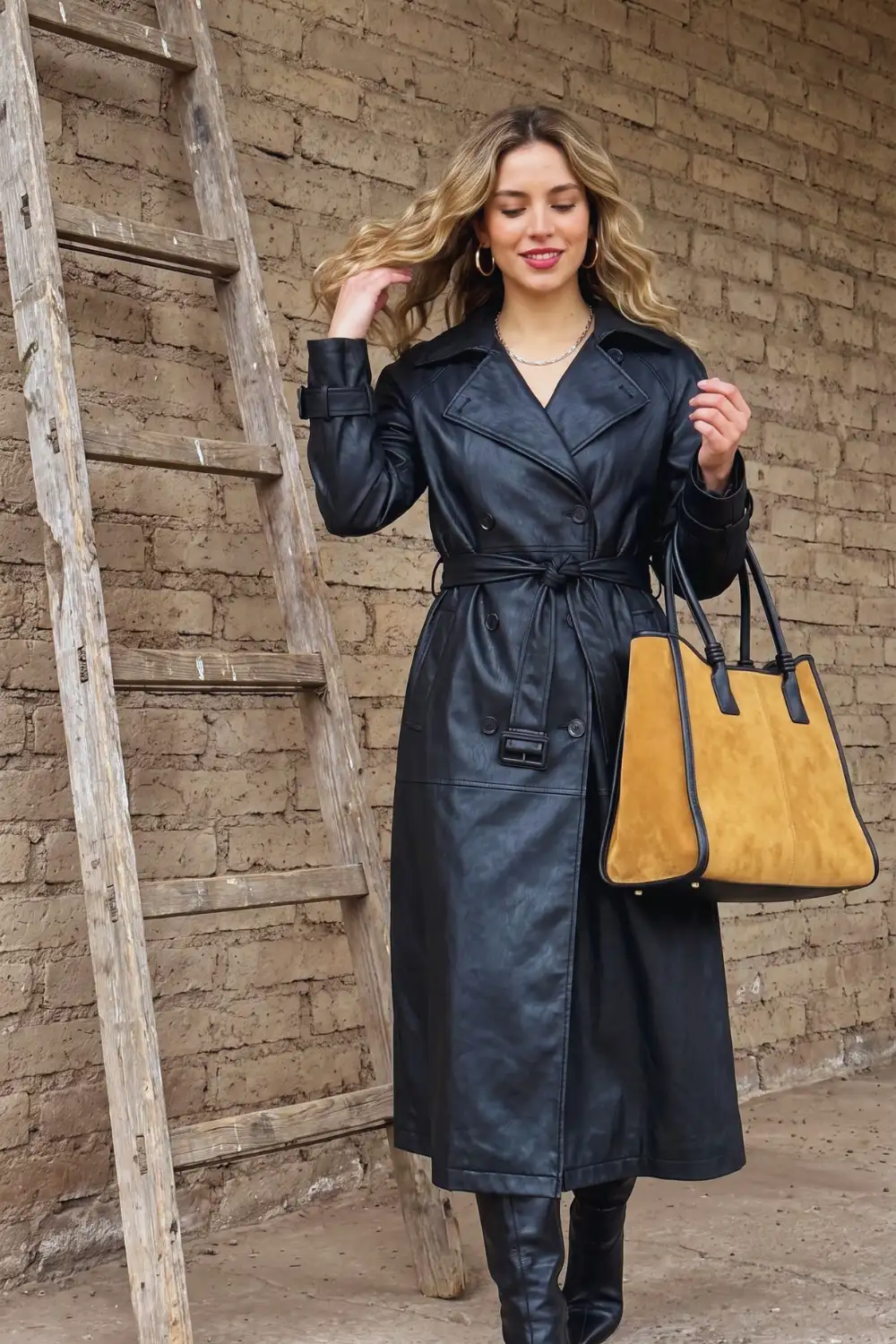 Woman in black belted leather maxi trench coat with black knee high boots