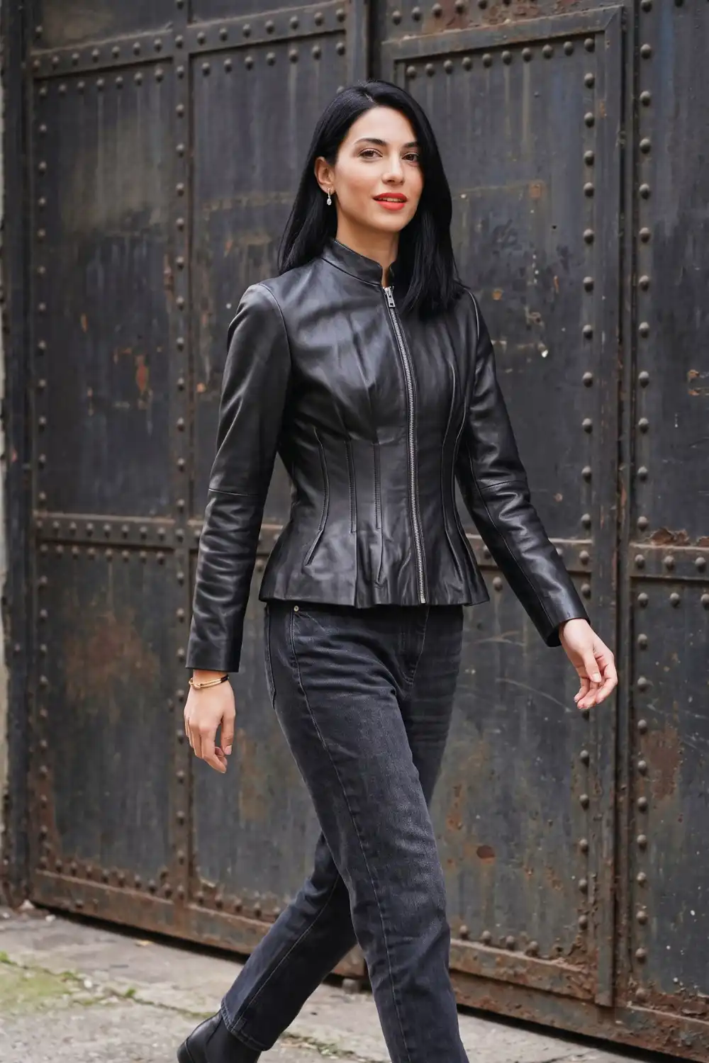 Woman in black leather zip-up peplum fitted jacket with charcoal grey skinny jeans