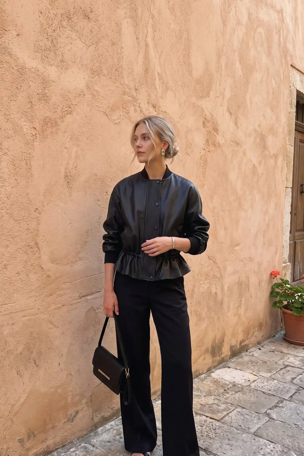 Woman in black leather peplum bomber jacket with black wide leg trousers