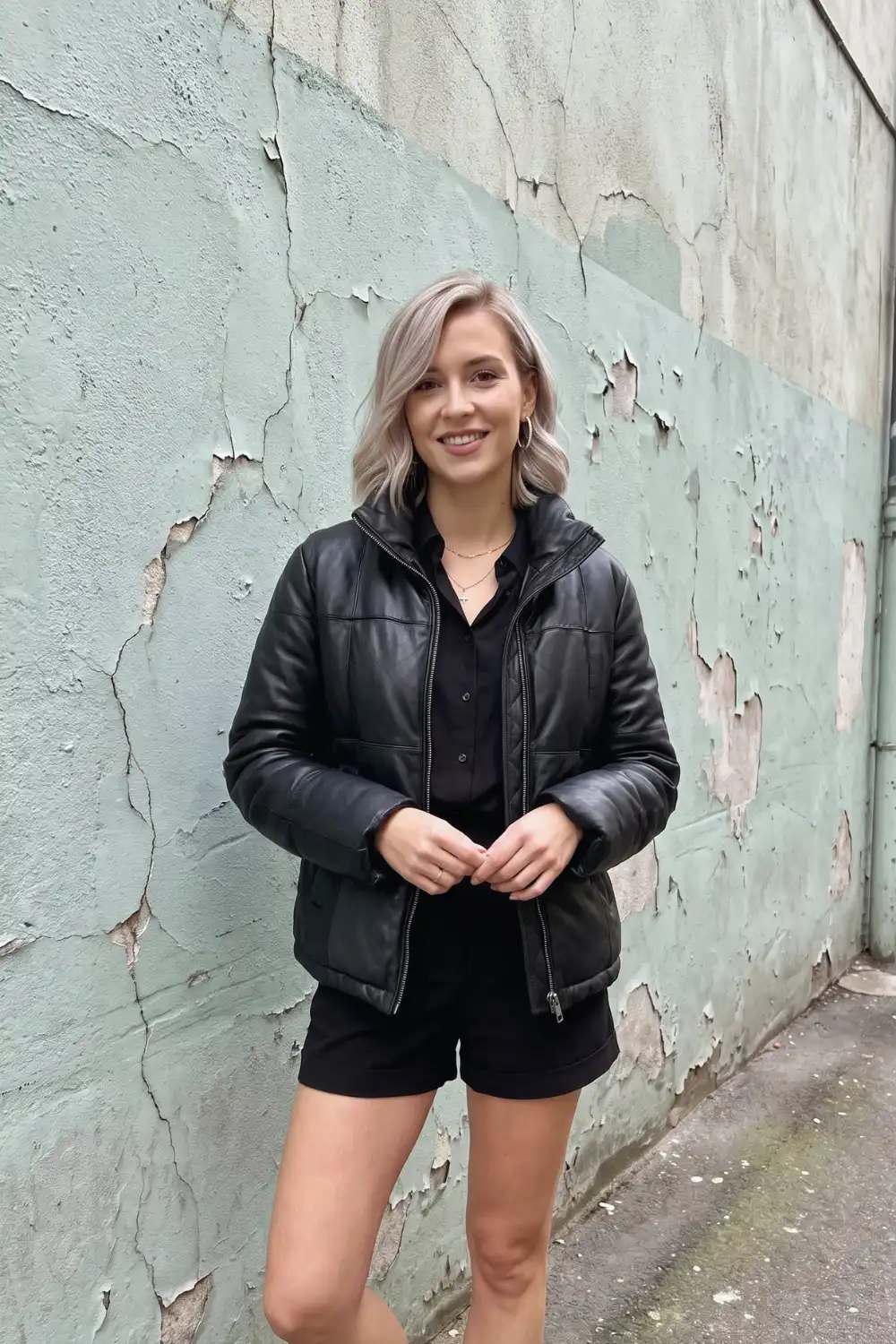 Woman in black leather puffer jacket with black button-up shirt and black mini shorts
