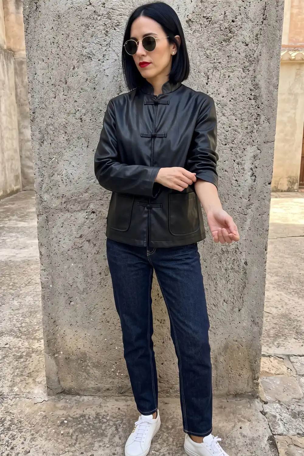 Woman wearing black mandarin collar frog button leather jacket with dark wash straight jeans