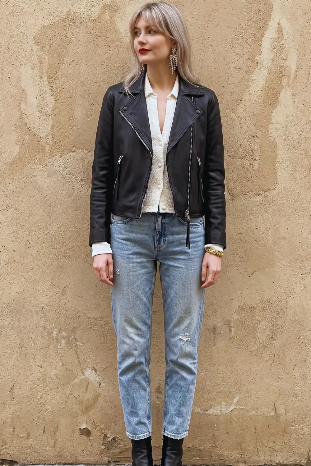 Woman in black moto leather jacket with cream lace blouse and light wash distressed straight jeans