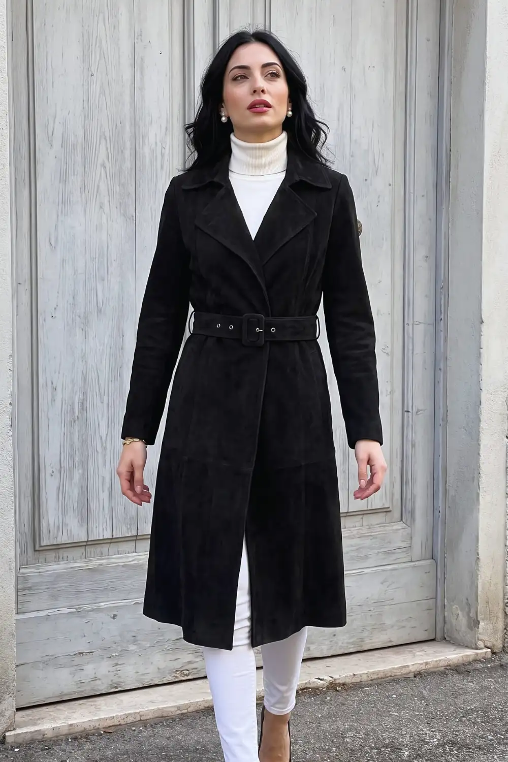 Woman in black suede belted maxi trench coat with cream turtleneck and white skinny jeans