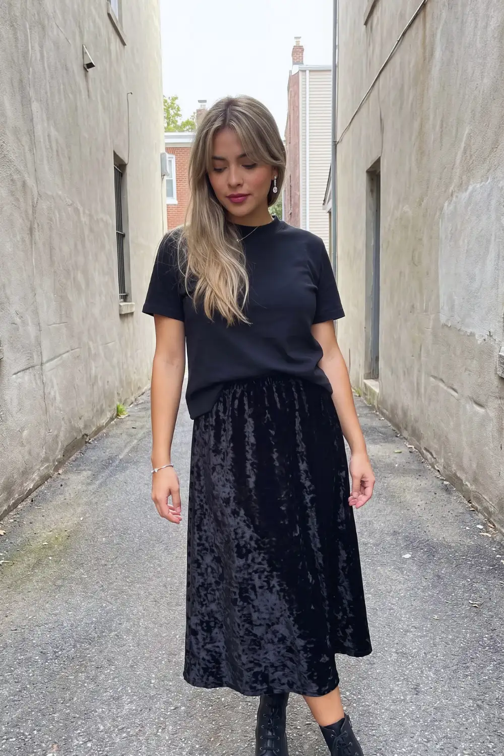 Woman in black tee with black crushed velvet midi skirt and ankle boots
