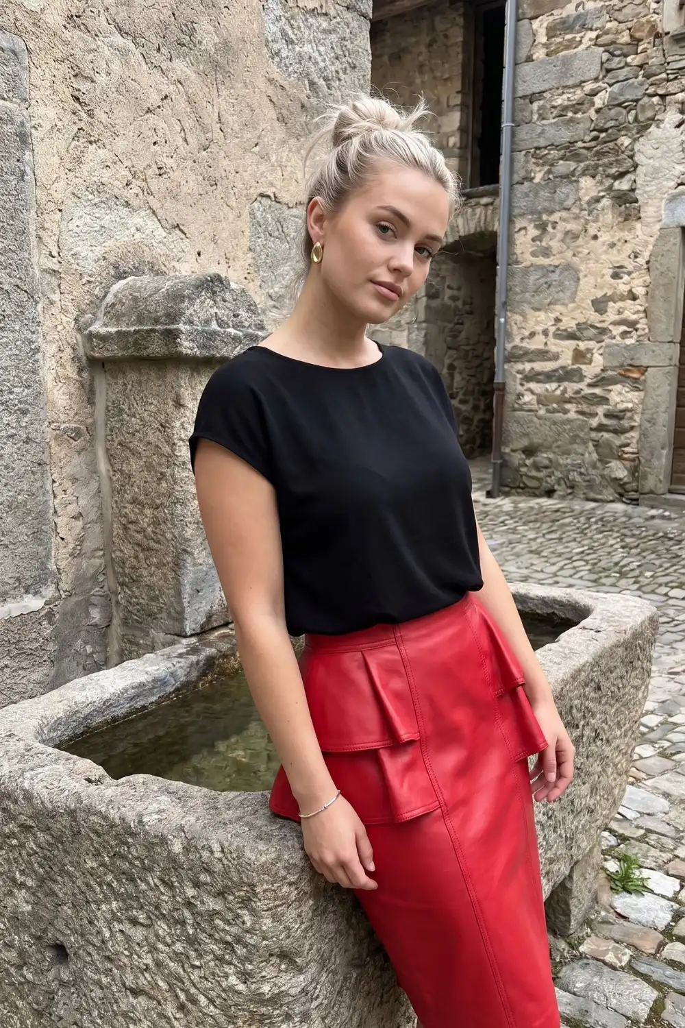 Woman in black cap sleeve top with red leather peplum midi skirt