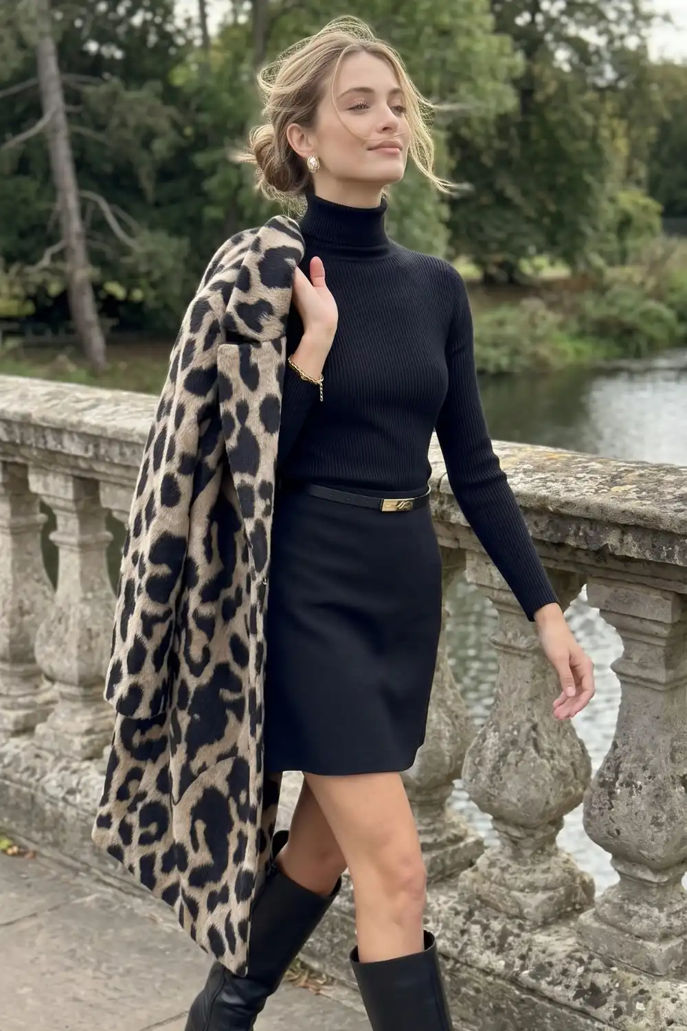 Woman in black ribbed turtleneck with black mini skirt knee high boots and leopard print coat