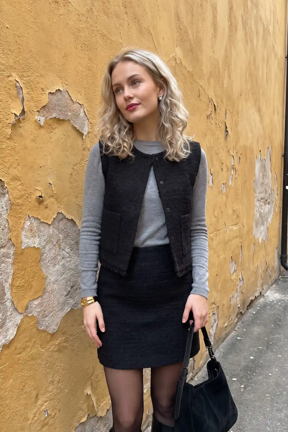 Woman wearing black tweed sleeveless vest and mini skirt co-ord with grey long sleeve top
